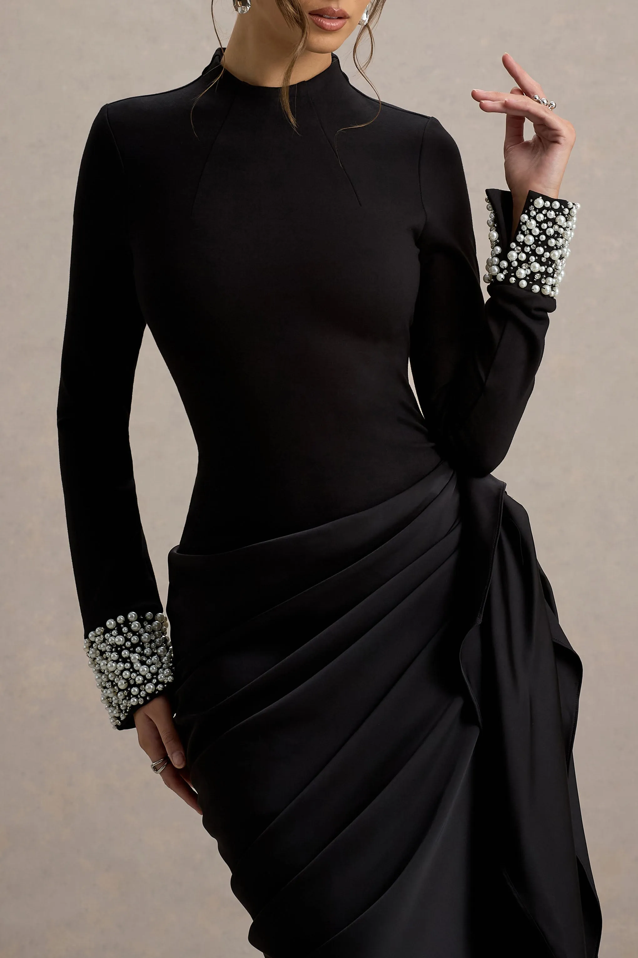 Luanna | Black Satin Long-Sleeve Midi Dress With Draped Skirt And Embellised Cuffs sold by Club L London product image thumbnail 4