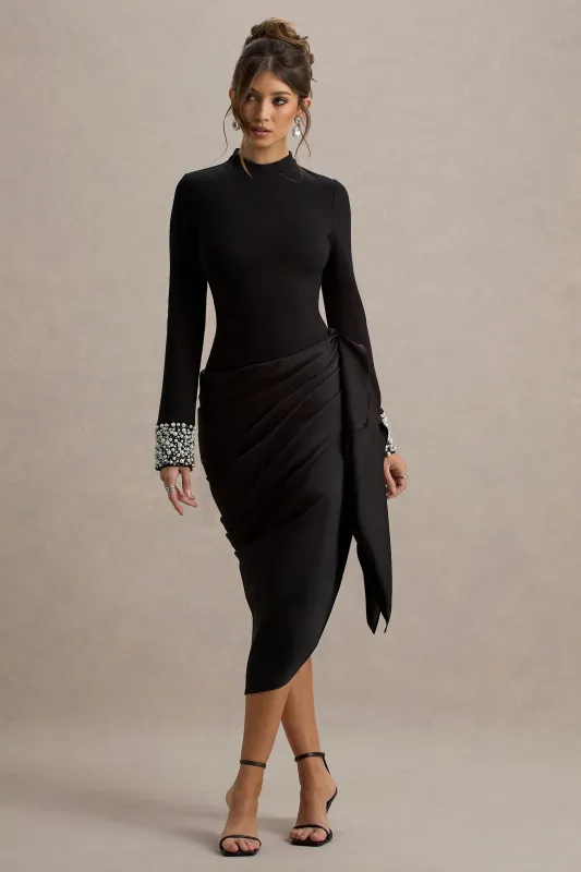 Luanna | Black Satin Long-Sleeve Midi Dress With Draped Skirt And Embellised Cuffs sold by Club L London