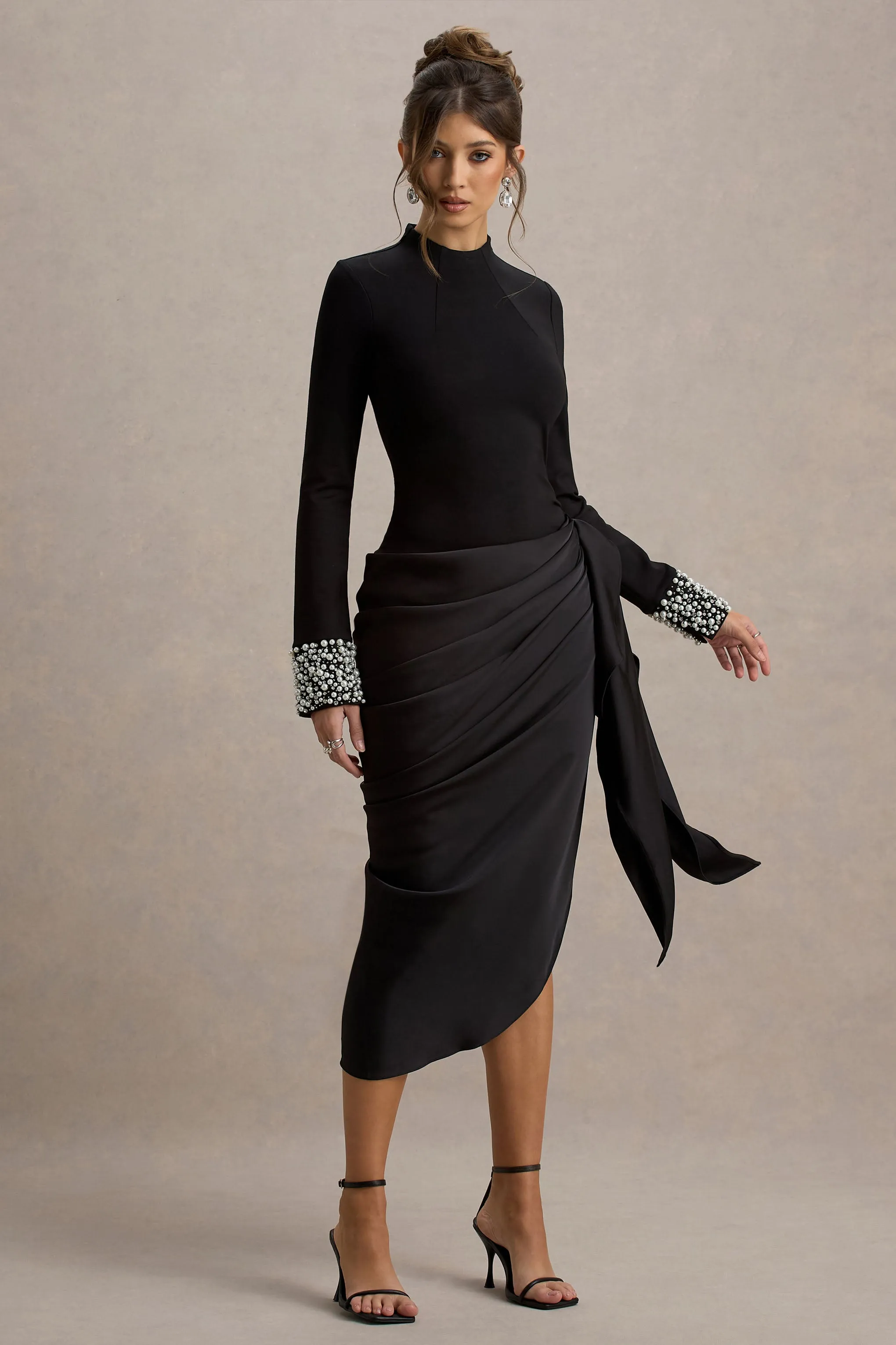 Luanna | Black Satin Long-Sleeve Midi Dress With Draped Skirt And Embellised Cuffs sold by Club L London product image thumbnail 3