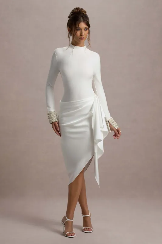 Luanna | Ecru Satin Long-Sleeve Midi Dress With Draped Skirt And Embellished Cuffs sold by Club L London