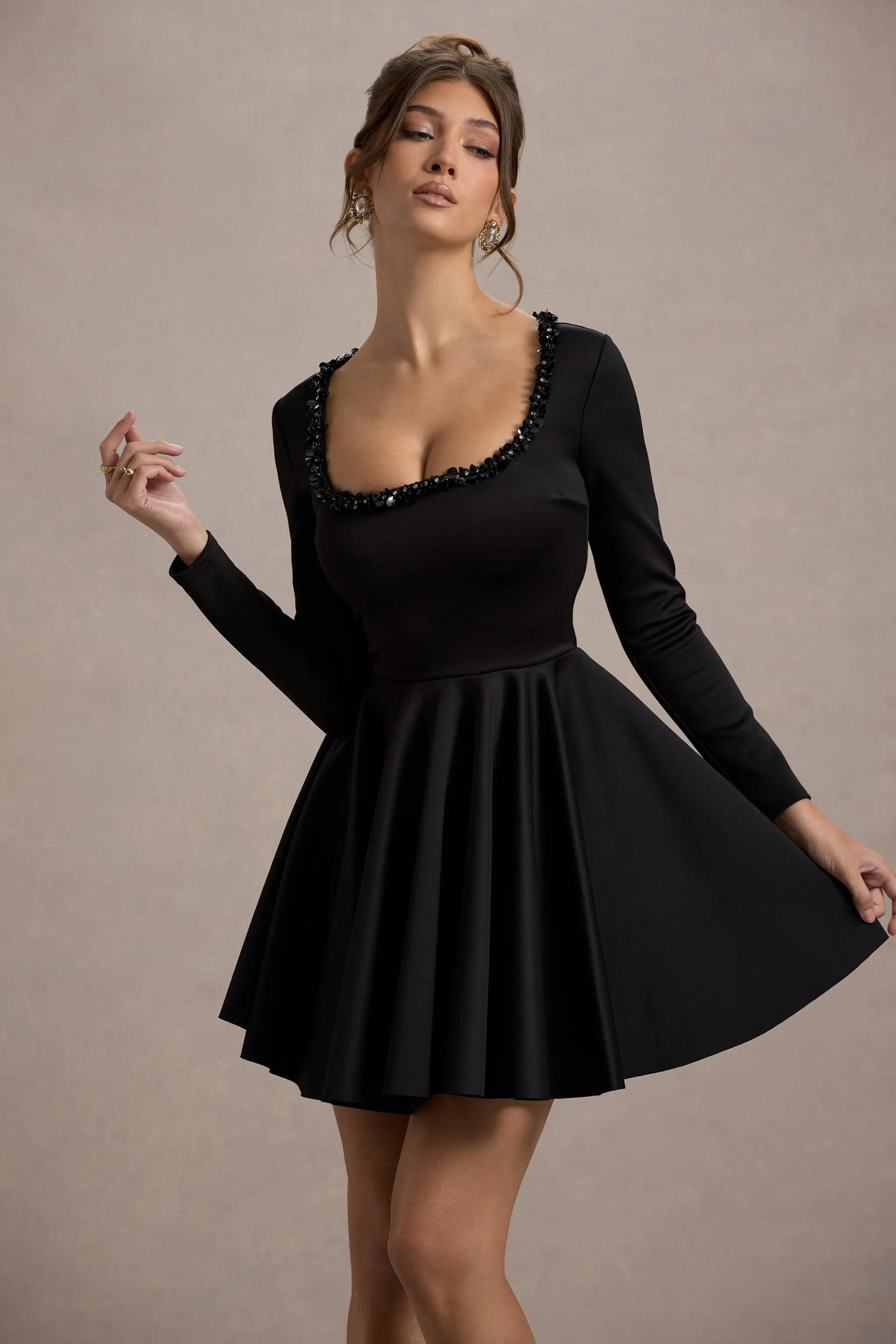 Wilder | Black Embellished Square-Neck Long-Sleeve Skater Mini Dress sold by Club L London product image thumbnail 3