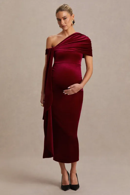 Zena | Burgundy Velvet Asymmetric-Neck Maternity Midi Dress With Knot And Sash Detail sold by Club L London
