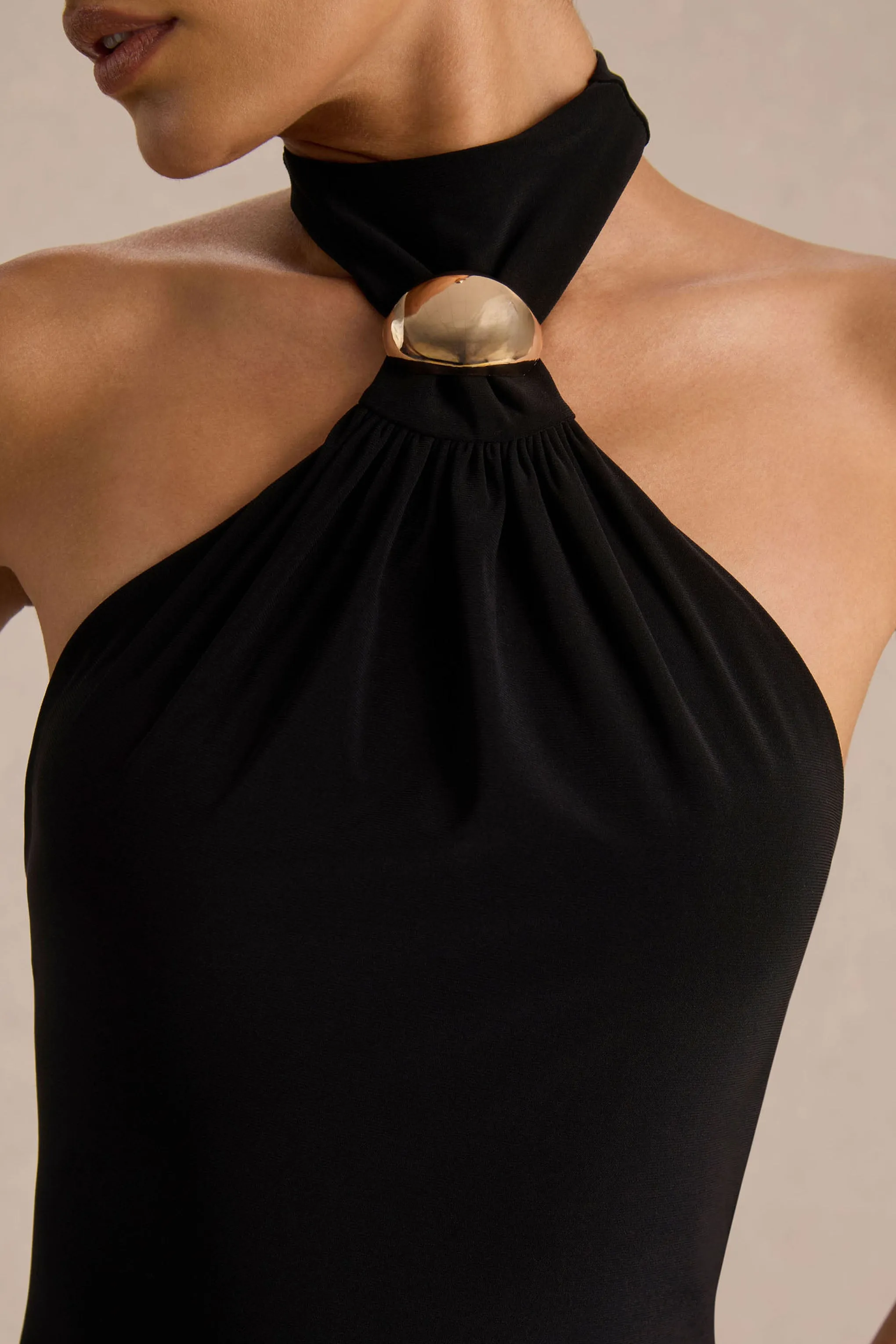 Briala | Black Halter-Neck Wrapped Mini Dress With Gold-Detail sold by Club L London product image thumbnail 4