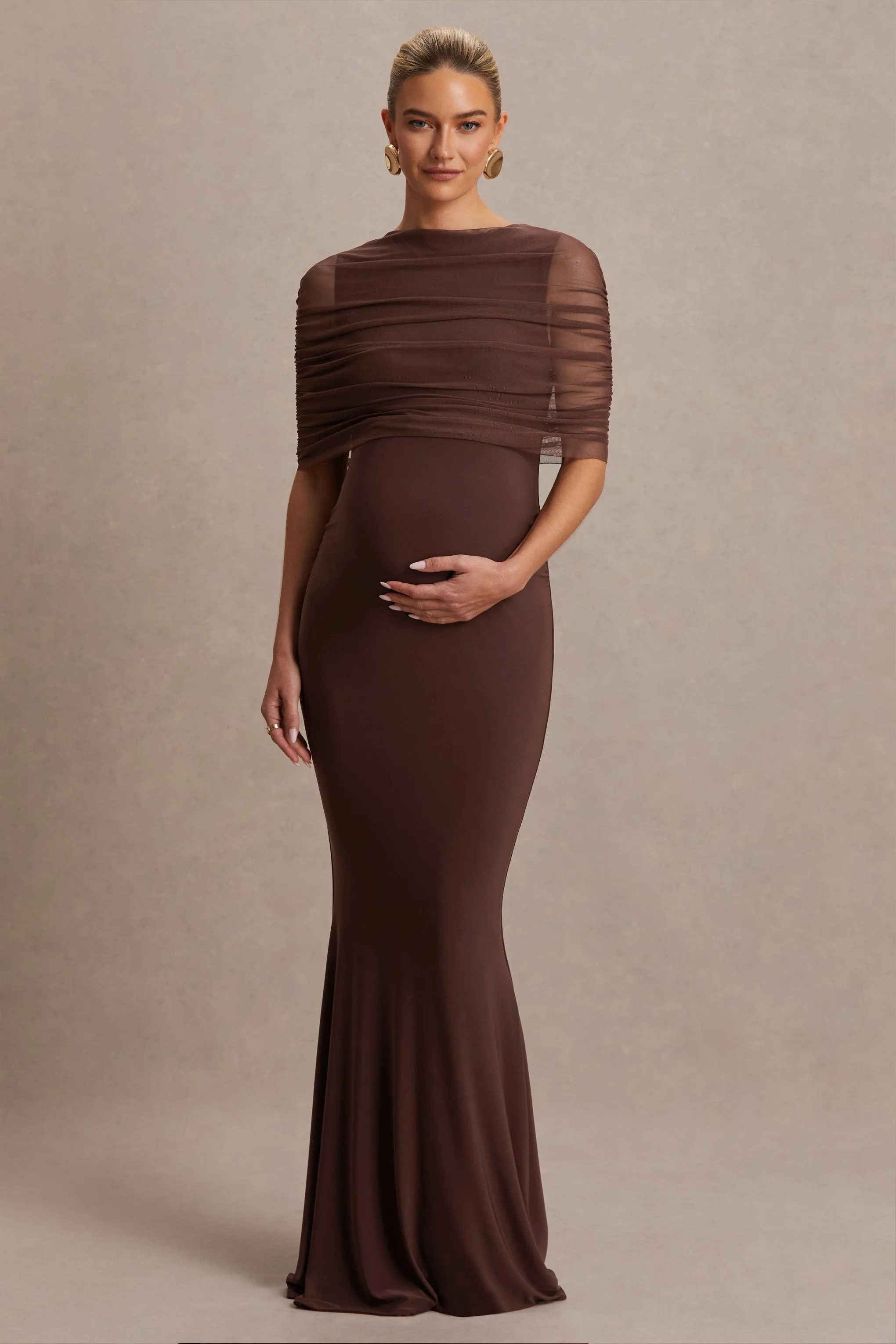 Zaria | Brown Crew-Neck Maternity Maxi Dress With Cape-Overlay sold by Club L London product image thumbnail 4