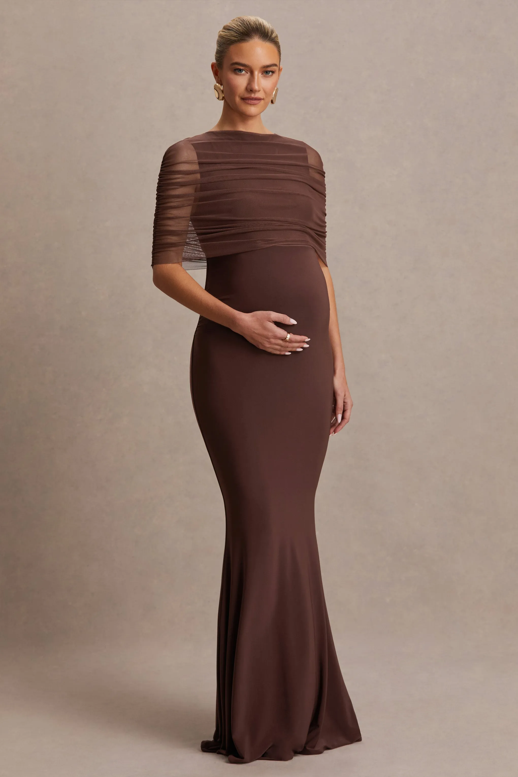 Zaria | Brown Crew-Neck Maternity Maxi Dress With Cape-Overlay sold by Club L London