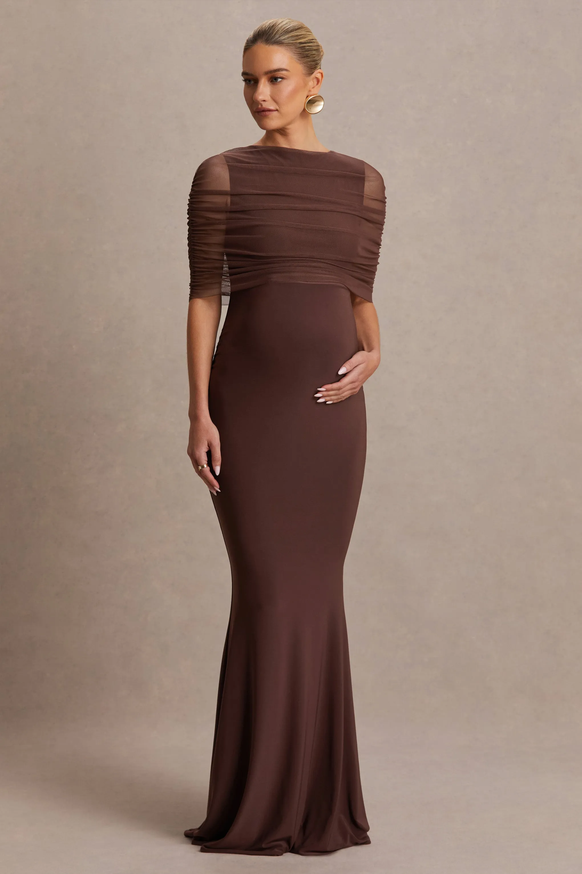 Zaria | Brown Crew-Neck Maternity Maxi Dress With Cape-Overlay sold by Club L London product image thumbnail 5
