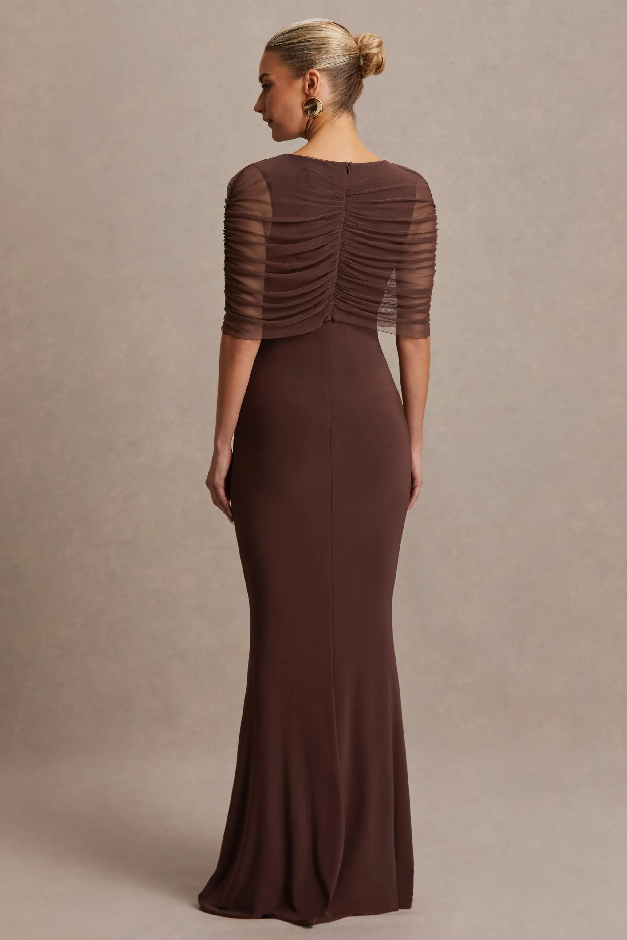 Zaria | Brown Crew-Neck Maternity Maxi Dress With Cape-Overlay sold by Club L London product image thumbnail 2