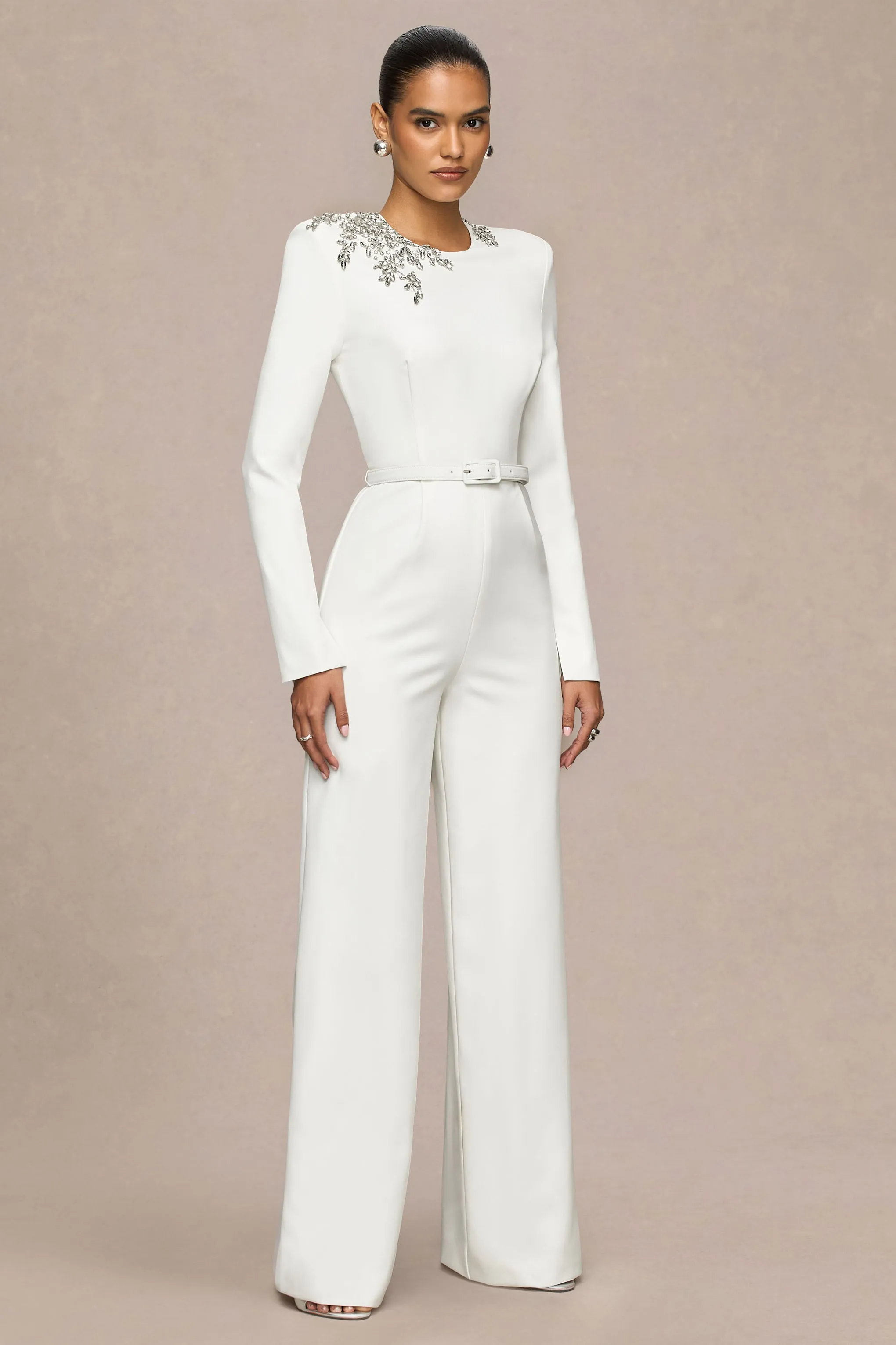 Prize | Cream Crew-Neck Jumpsuit With Embellishment Detail sold by Club L London