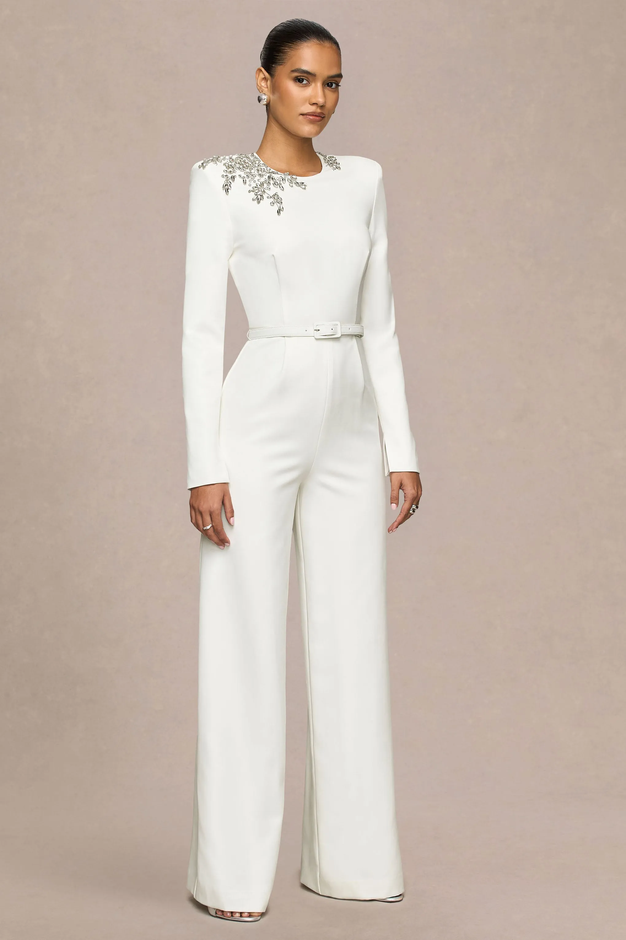 Prize | Cream Crew-Neck Jumpsuit With Embellishment Detail sold by Club L London product image thumbnail 5