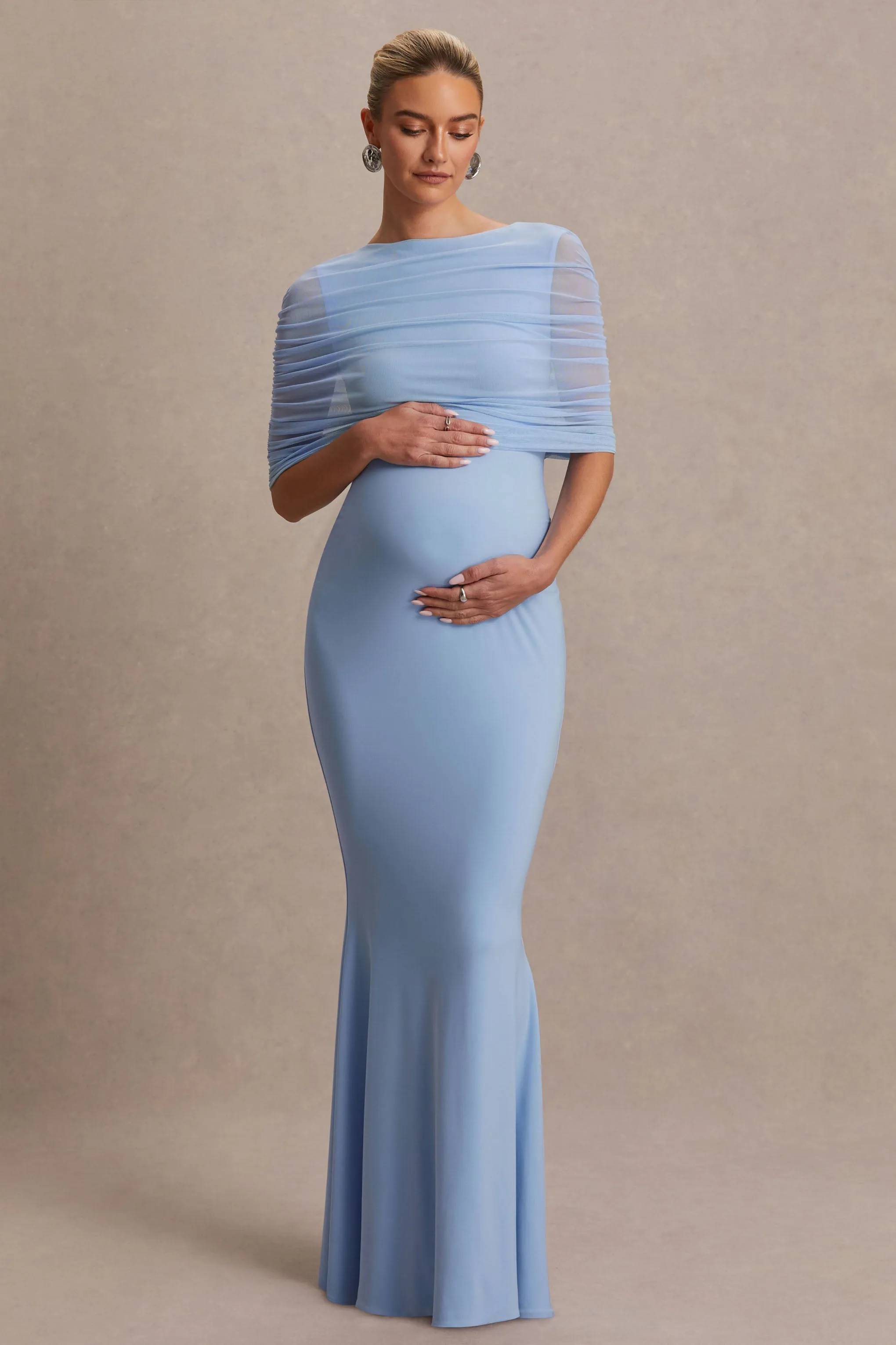 Zaria | Powder Blue Crew-Neck Maternity Maxi Dress With Cape-Overlay sold by Club L London product image thumbnail 4