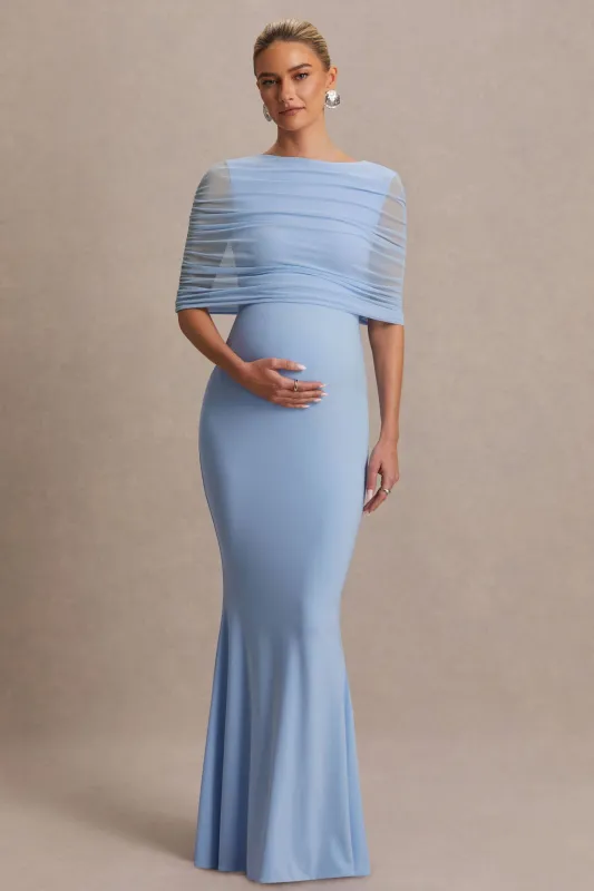 Zaria | Powder Blue Crew-Neck Maternity Maxi Dress With Cape-Overlay sold by Club L London