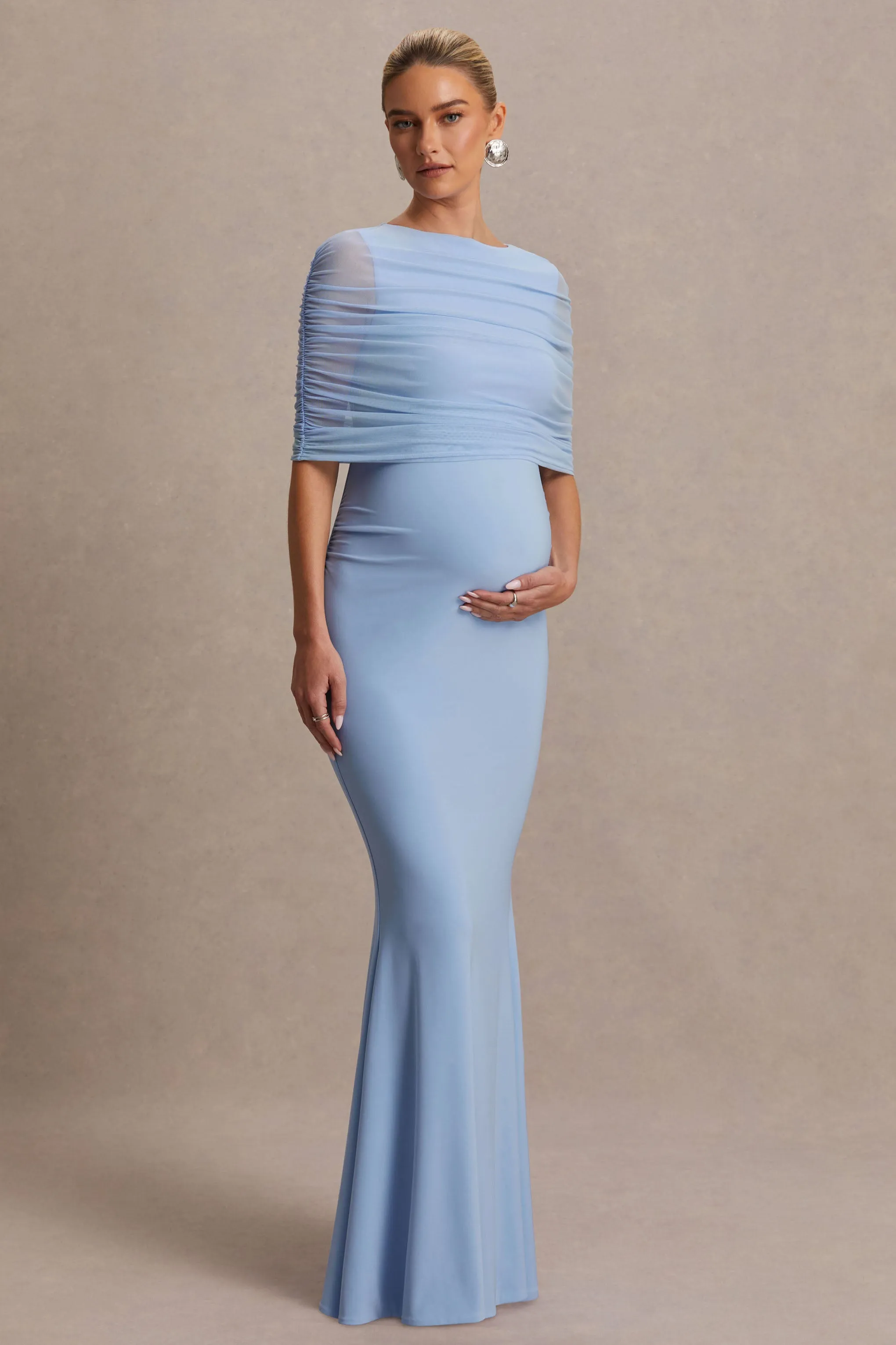 Zaria | Powder Blue Crew-Neck Maternity Maxi Dress With Cape-Overlay sold by Club L London product image thumbnail 5