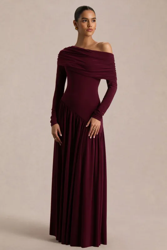 Farah | Burgundy Asymmetric-Neck Maxi Dress With Drop Waist And Ruched Detailing made by Club L London