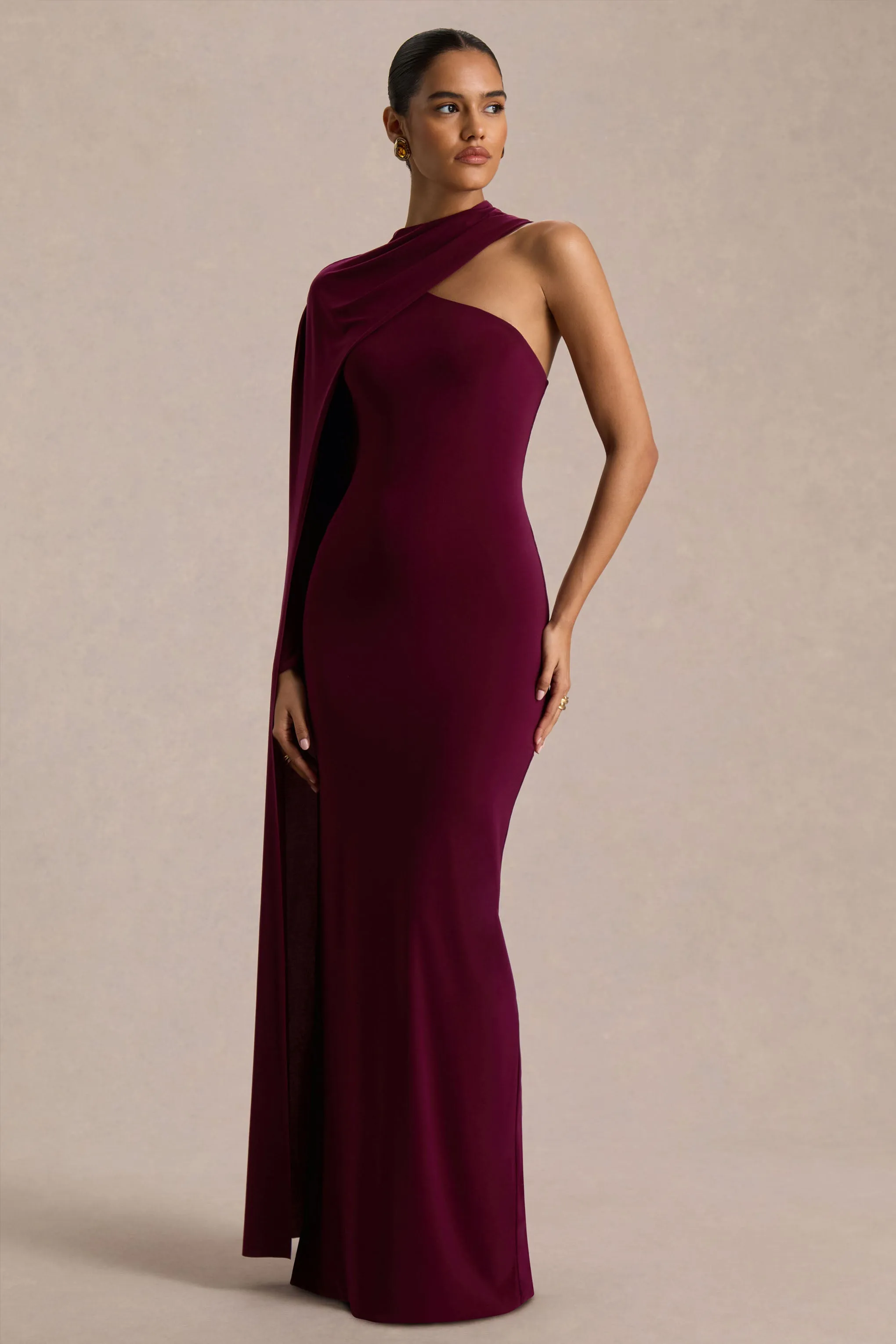 Dawn | Burgundy Asymmetric-Neck Maxi Dress With One Long-Sleeve And Cape sold by Club L London product image thumbnail 4