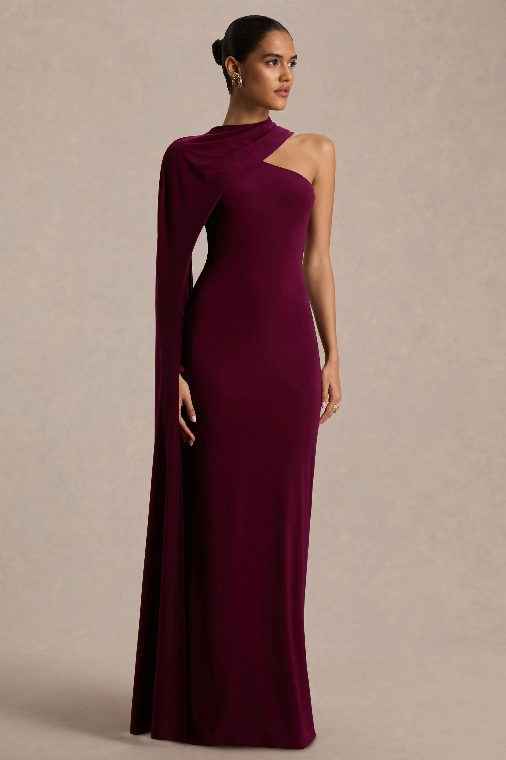 Dawn | Burgundy Asymmetric-Neck Maxi Dress With One Long-Sleeve And Cape sold by Club L London product image thumbnail 5