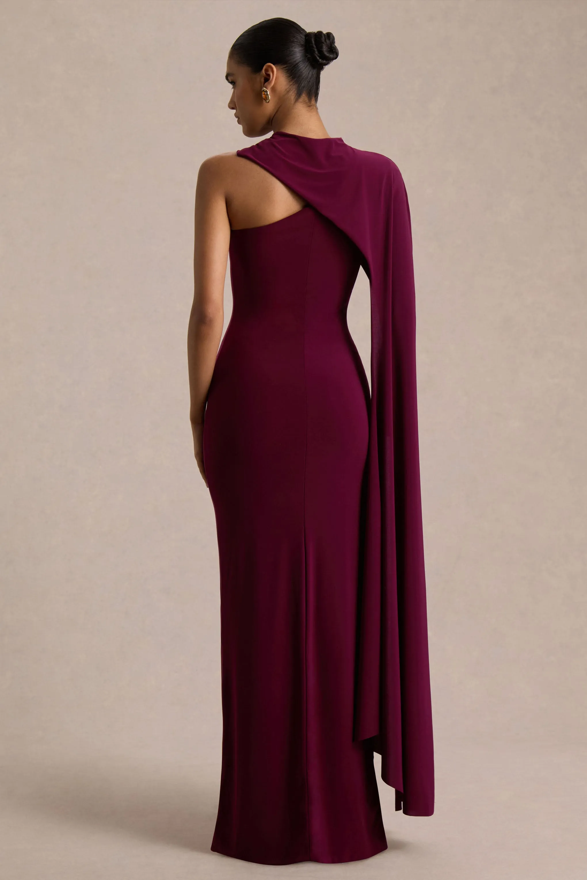 Dawn | Burgundy Asymmetric-Neck Maxi Dress With One Long-Sleeve And Cape sold by Club L London product image thumbnail 2