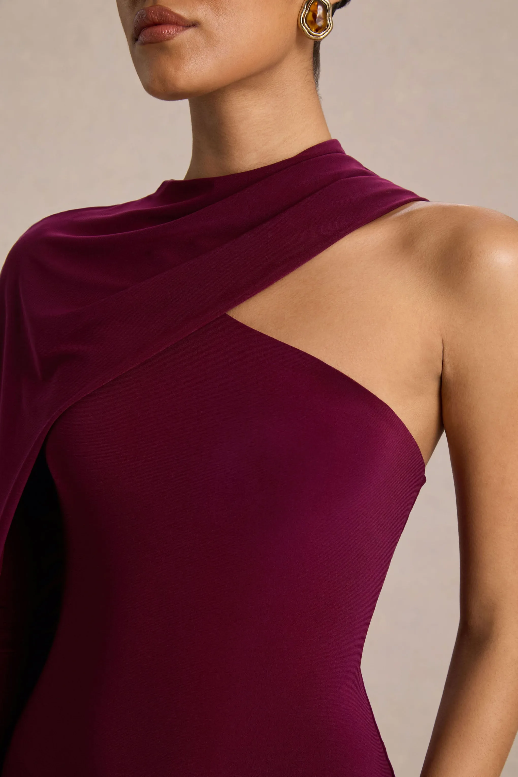 Dawn | Burgundy Asymmetric-Neck Maxi Dress With One Long-Sleeve And Cape sold by Club L London product image thumbnail 3