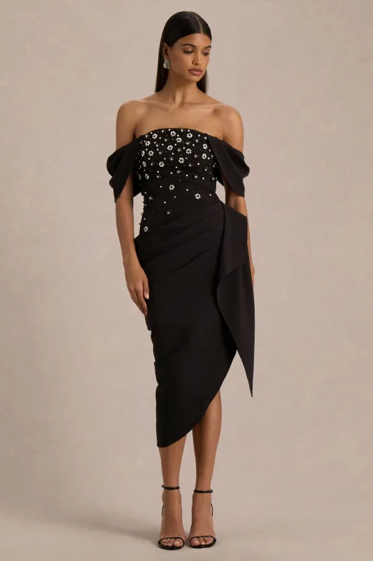 Sylvia | Black Hand-Embellished Bardot-Neck Midi Dress With Draped Satin-Wrap Skirt sold by Club L London
