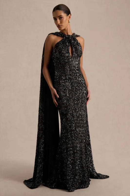 Renelle | Black Sequin Halter Neck Maxi Dress sold by Club L London