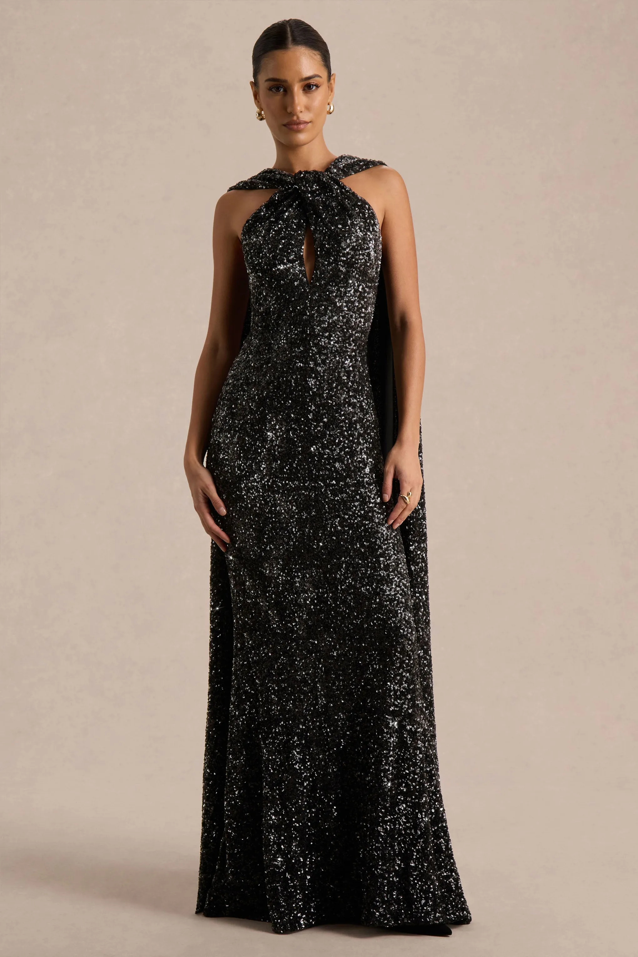 Renelle | Black Sequin Halter Neck Maxi Dress sold by Club L London product image thumbnail 5