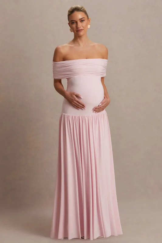 Juliette | Blush Pink Bardot-Neck Maternity Maxi Dress With Drop-Waist sold by Club L London
