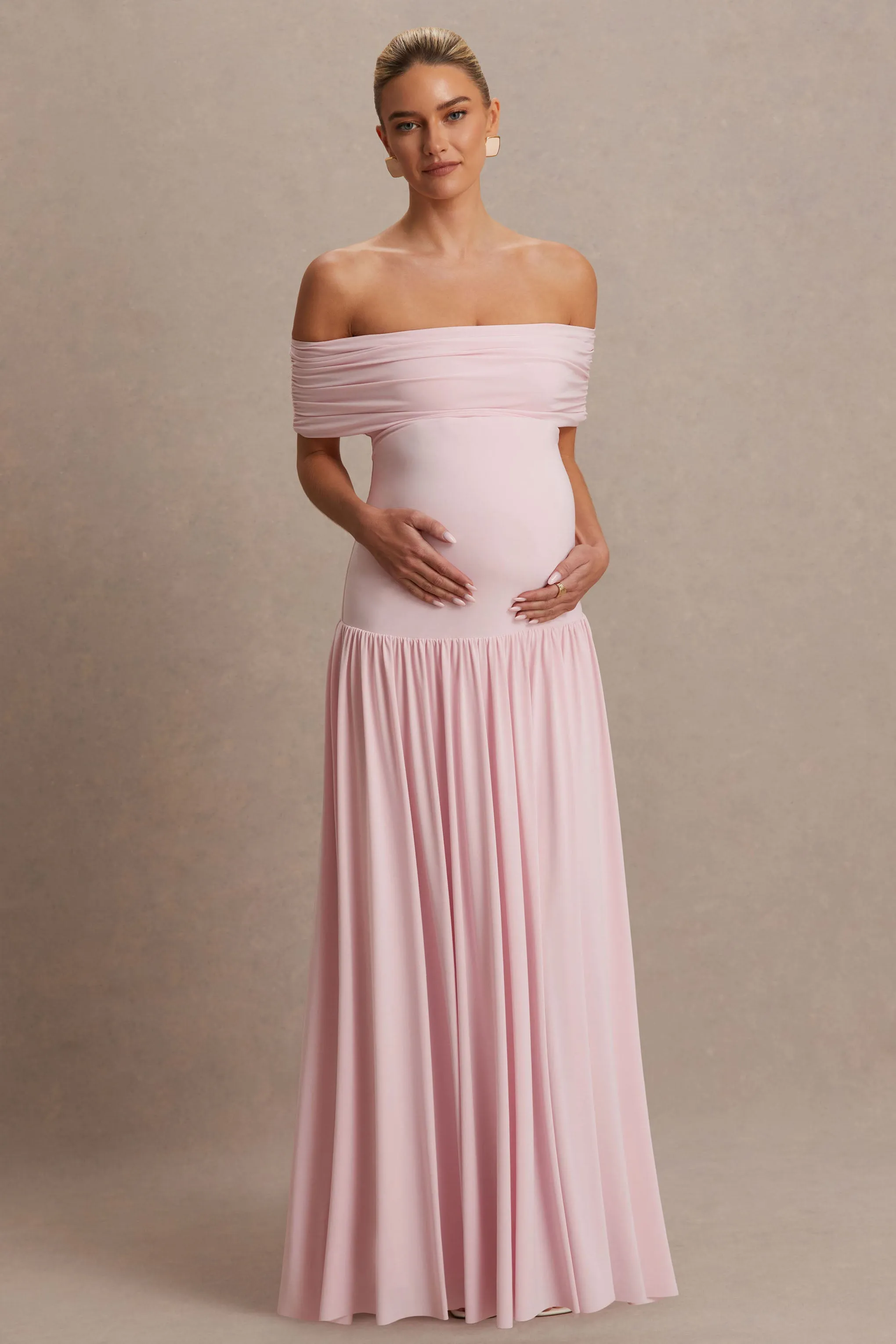Juliette | Blush Pink Bardot-Neck Maternity Maxi Dress With Drop-Waist sold by Club L London