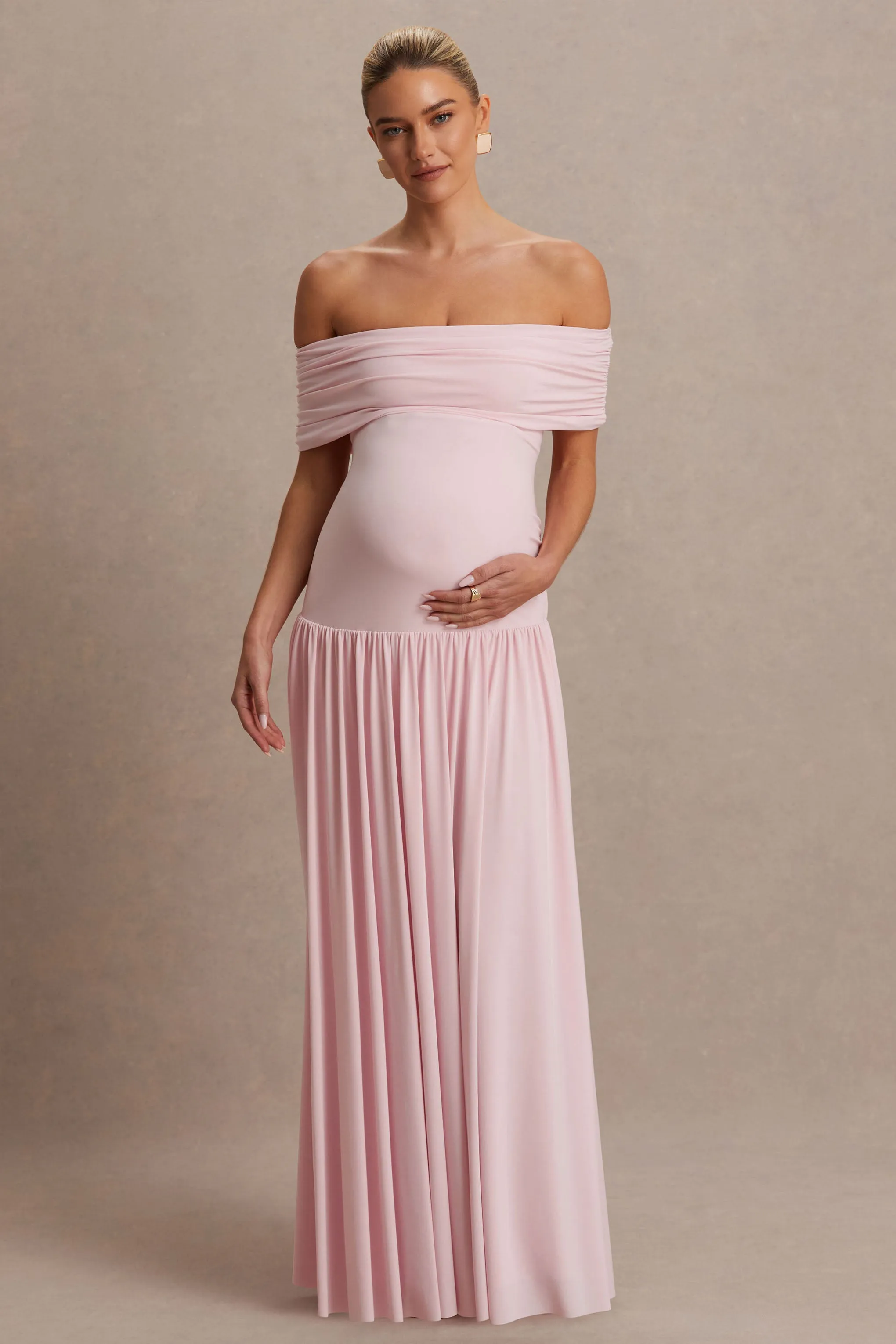 Juliette | Blush Pink Bardot-Neck Maternity Maxi Dress With Drop-Waist sold by Club L London product image thumbnail 5