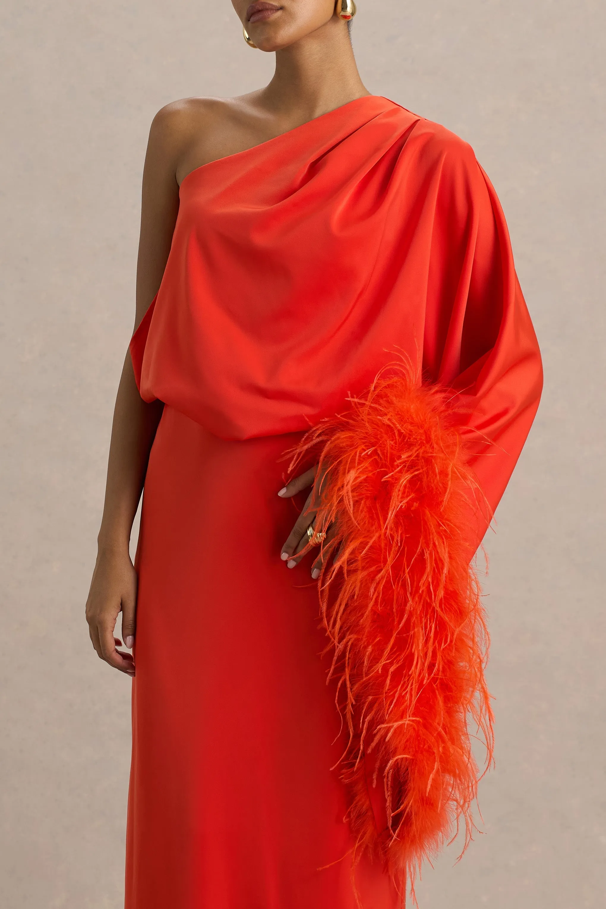Felicity | Orange Satin Asymmetric-Neck Maxi Dress With Feather Detailing sold by Club L London product image thumbnail 5
