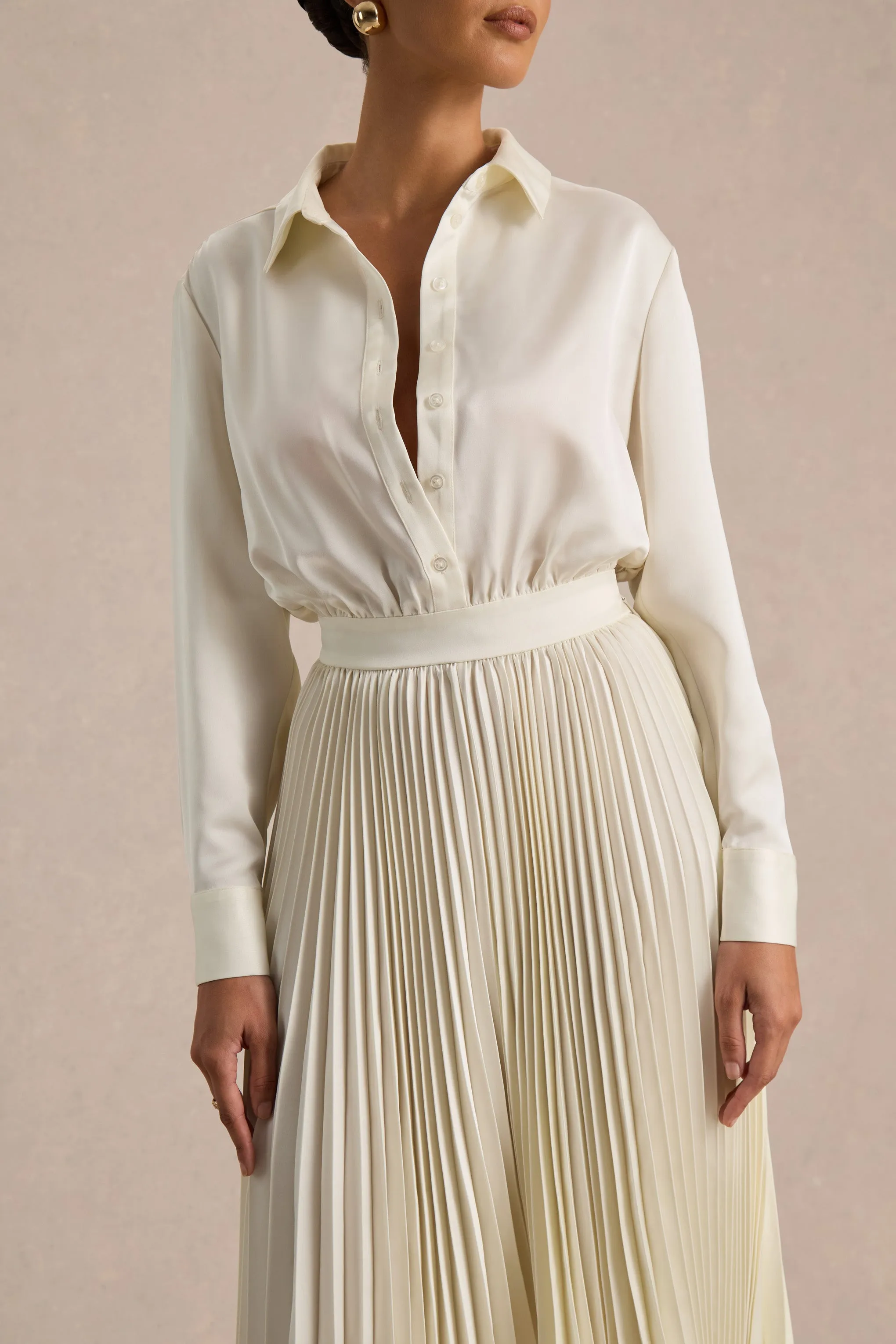 Naxos | Cream Satin Shirt Maxi Dress With Pleated Skirt sold by Club L London product image thumbnail 4