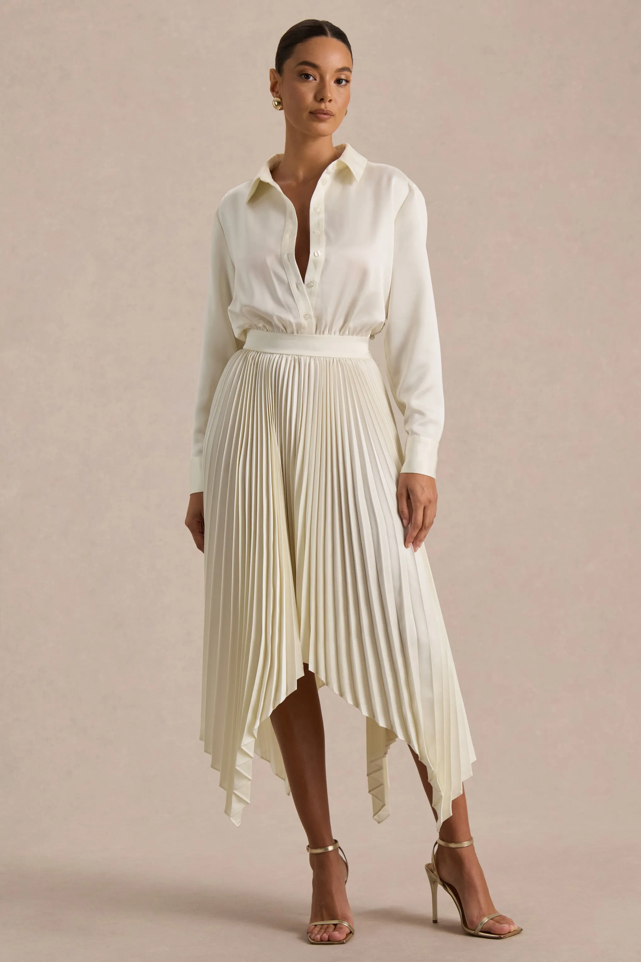 Naxos | Cream Satin Shirt Maxi Dress With Pleated Skirt sold by Club L London product image thumbnail 3