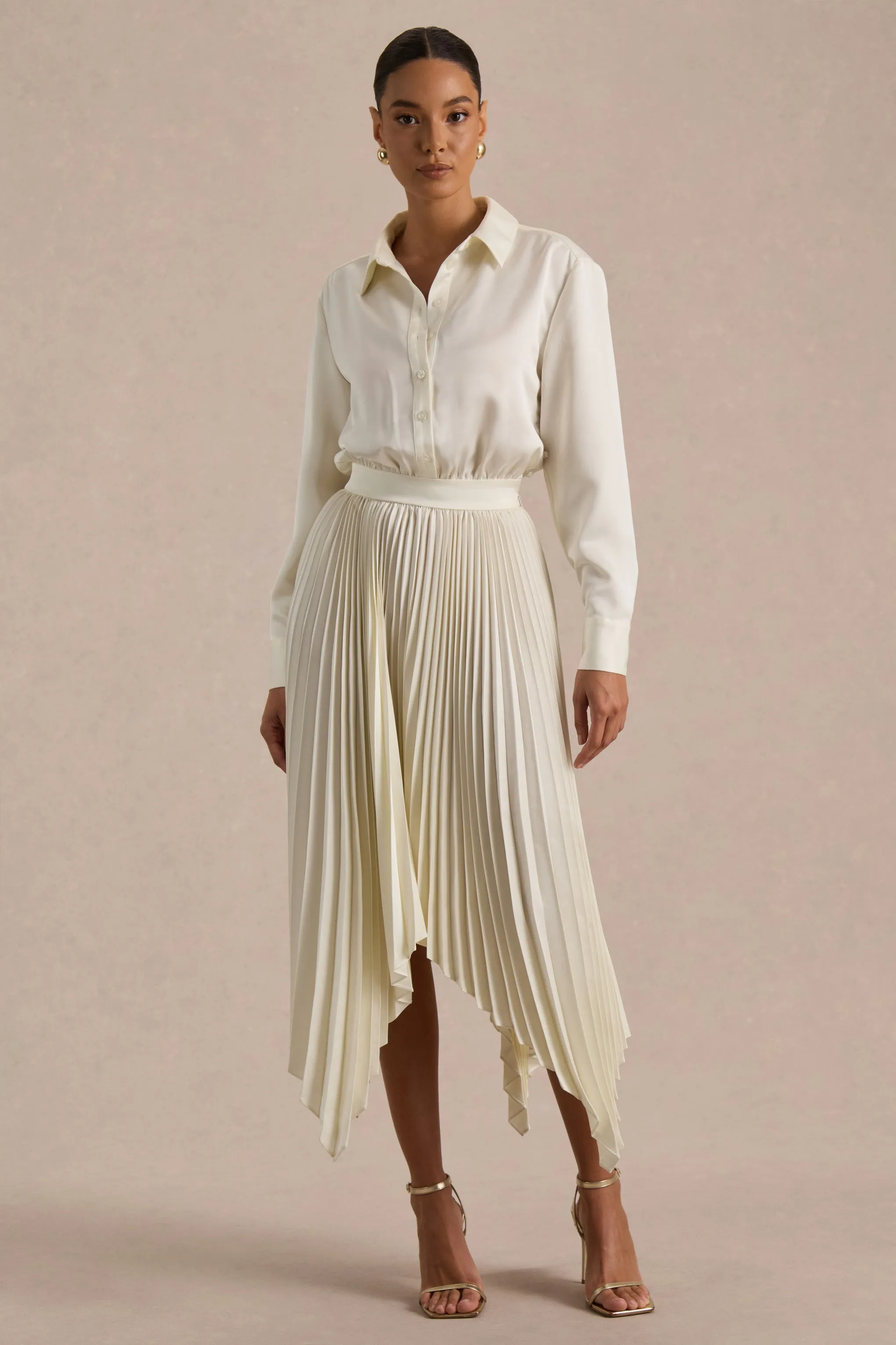 Naxos | Cream Satin Shirt Maxi Dress With Pleated Skirt sold by Club L London product image thumbnail 5