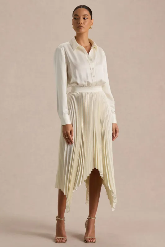 Naxos | Cream Satin Shirt Maxi Dress With Pleated Skirt sold by Club L London