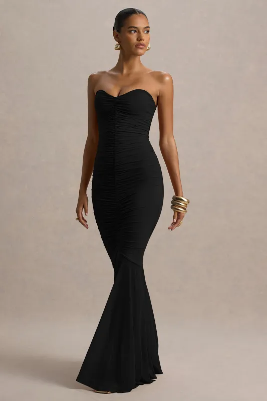 Talisa | Black Bandeau Ruched Maxi Dress With Mesh Fishtail sold by Club L London