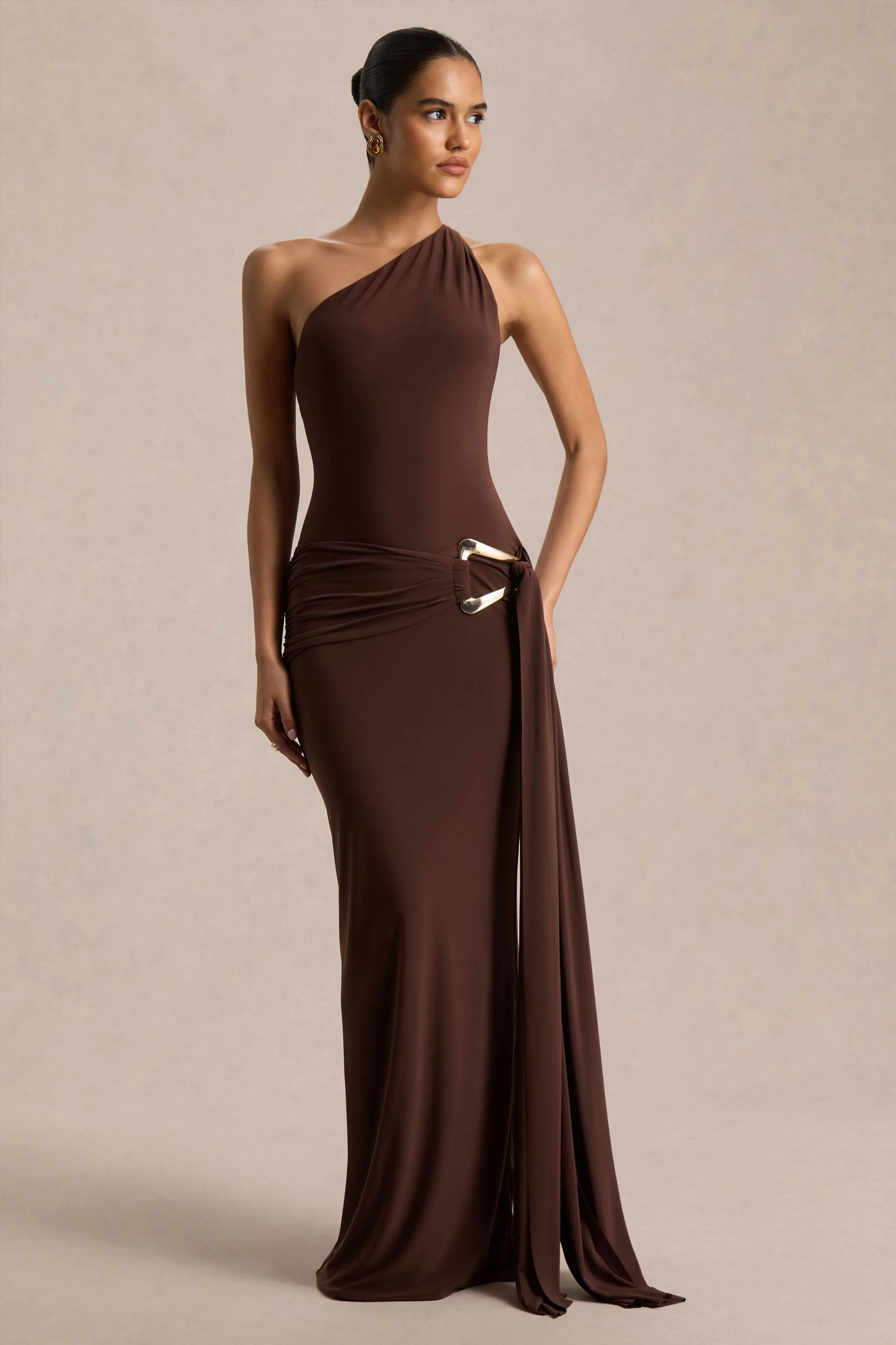 Bonnie | Brown Asymmetric-Neck Maxi Dress With Open-Back sold by Club L London product image thumbnail 5