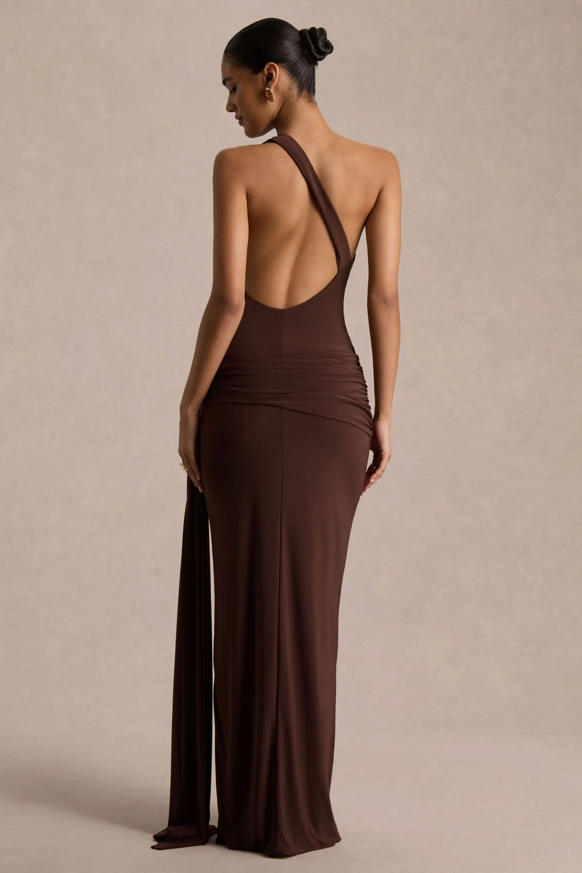 Bonnie | Brown Asymmetric-Neck Maxi Dress With Open-Back sold by Club L London product image thumbnail 2