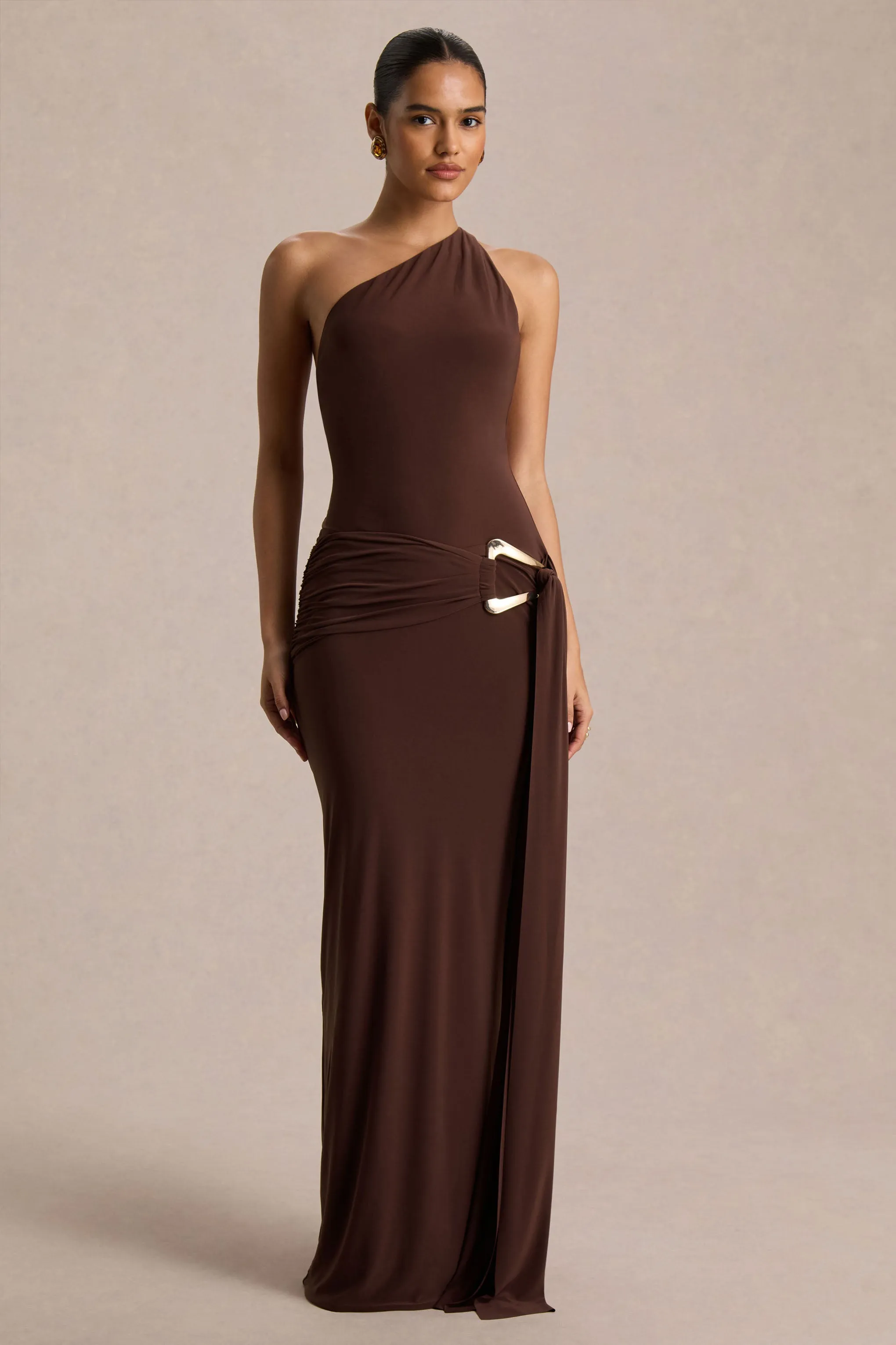 Bonnie | Brown Asymmetric-Neck Maxi Dress With Open-Back sold by Club L London product image thumbnail 4