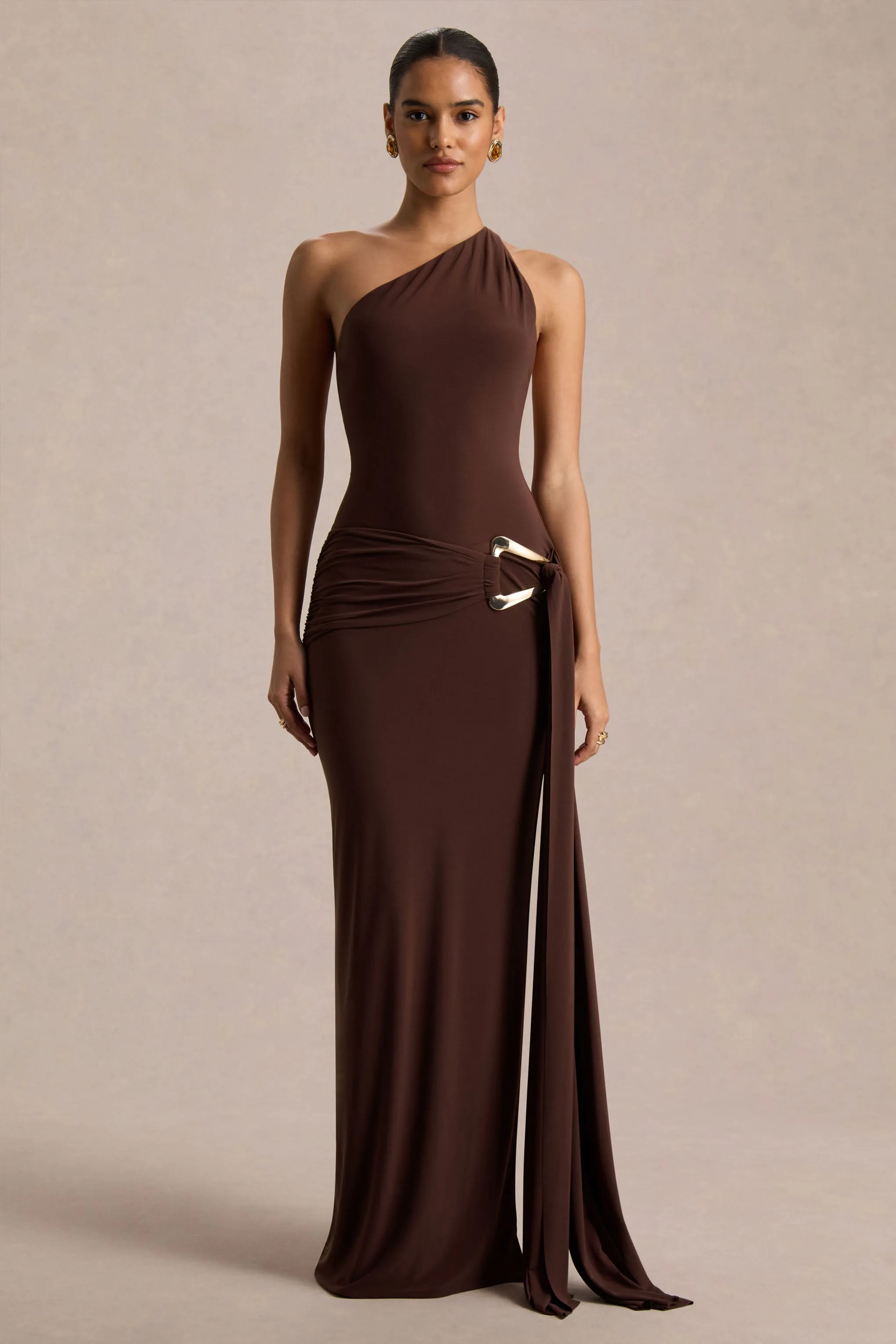 Bonnie | Brown Asymmetric-Neck Maxi Dress With Open-Back sold by Club L London