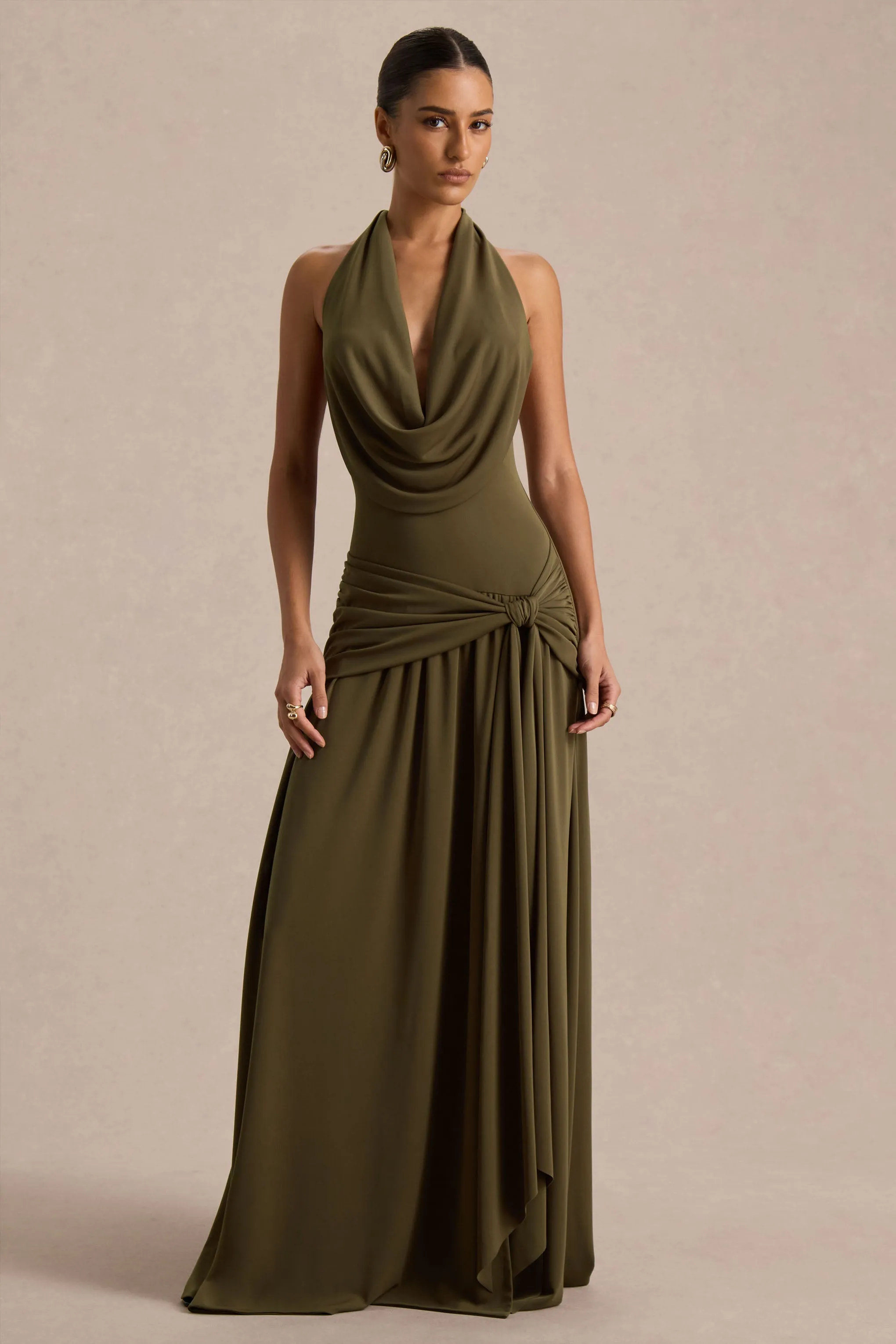 Mist | Olive Plunge-Neck Maxi Dress With Knot-Detail And Open-Back sold by Club L London product image thumbnail 3