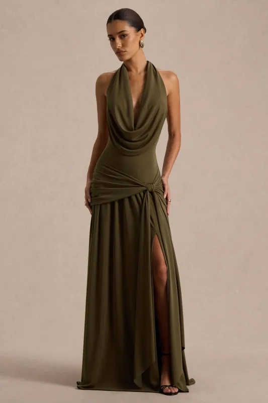 Mist | Olive Plunge-Neck Maxi Dress With Knot-Detail And Open-Back sold by Club L London
