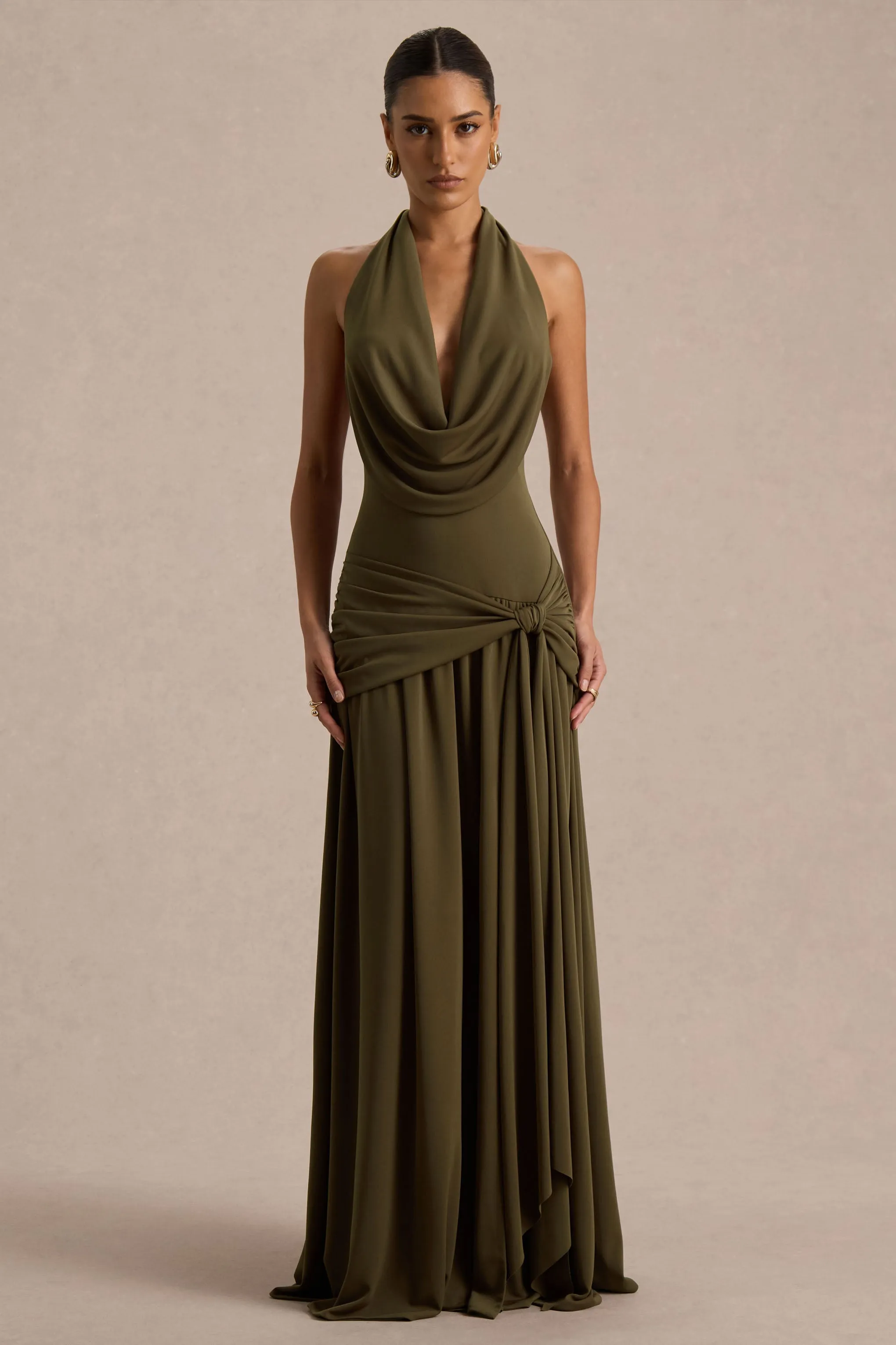 Mist | Olive Plunge-Neck Maxi Dress With Knot-Detail And Open-Back sold by Club L London product image thumbnail 5
