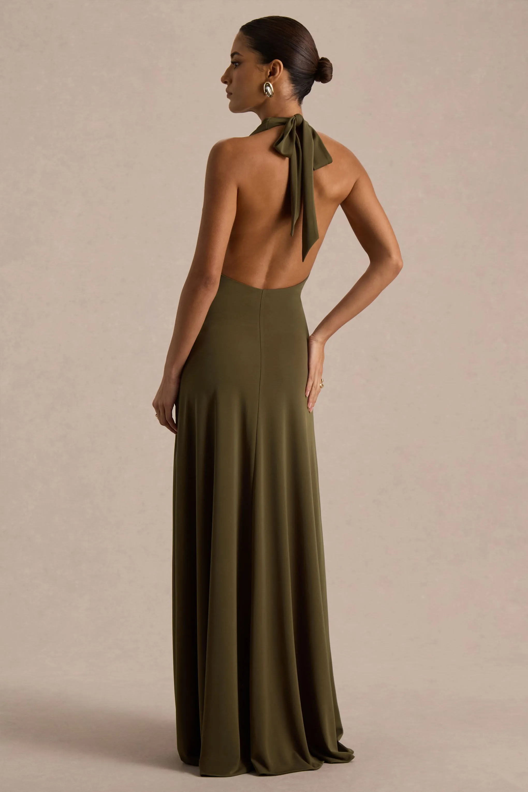 Mist | Olive Plunge-Neck Maxi Dress With Knot-Detail And Open-Back sold by Club L London product image thumbnail 2
