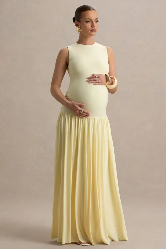 Outline | Lemon Crew-Neck Maternity Maxi Dress With Pleated Skirt sold by Club L London
