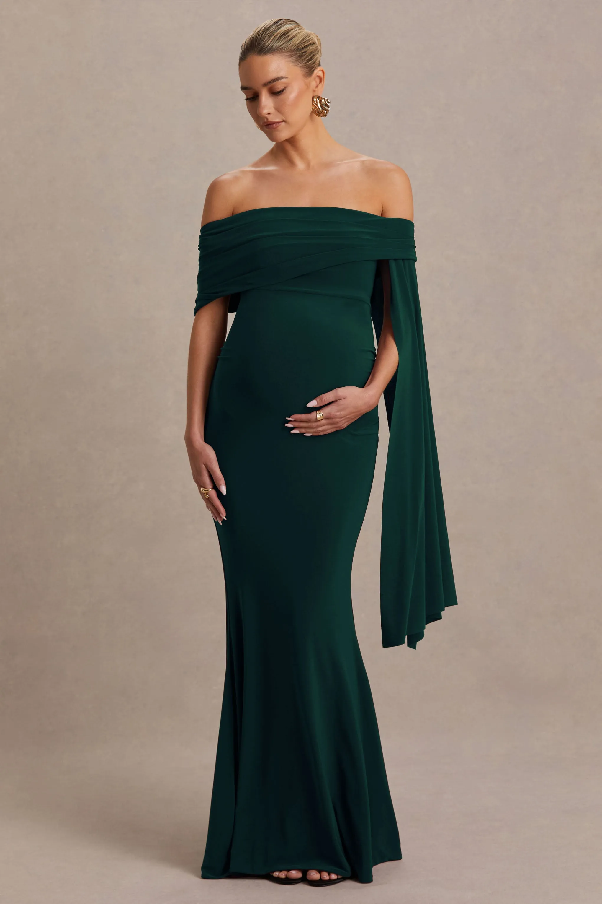 Aquila | Bottle Green Bardot Maternity Maxi Dress With Draped Detail sold by Club L London product image thumbnail 4