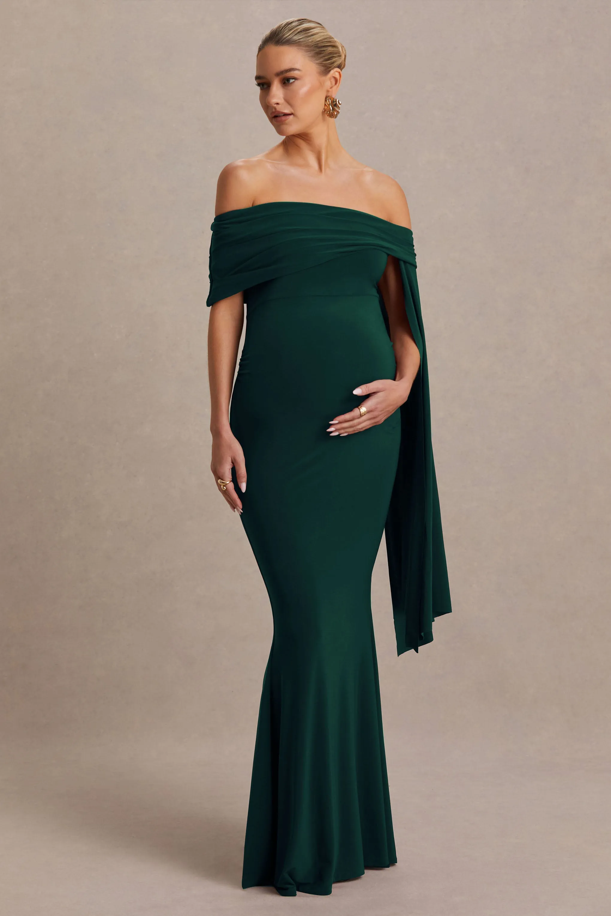 Aquila | Bottle Green Bardot Maternity Maxi Dress With Draped Detail sold by Club L London