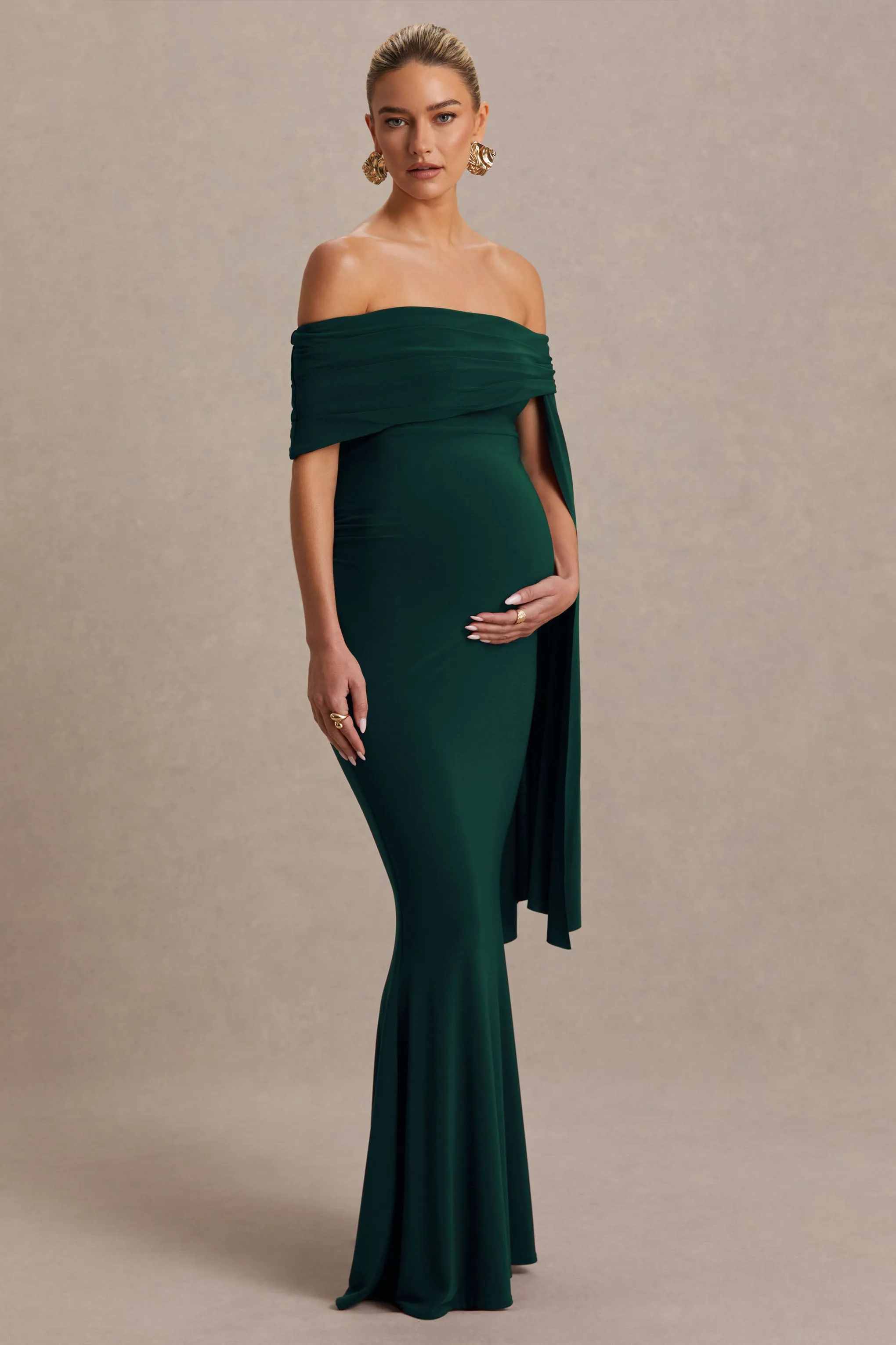 Aquila | Bottle Green Bardot Maternity Maxi Dress With Draped Detail sold by Club L London product image thumbnail 5