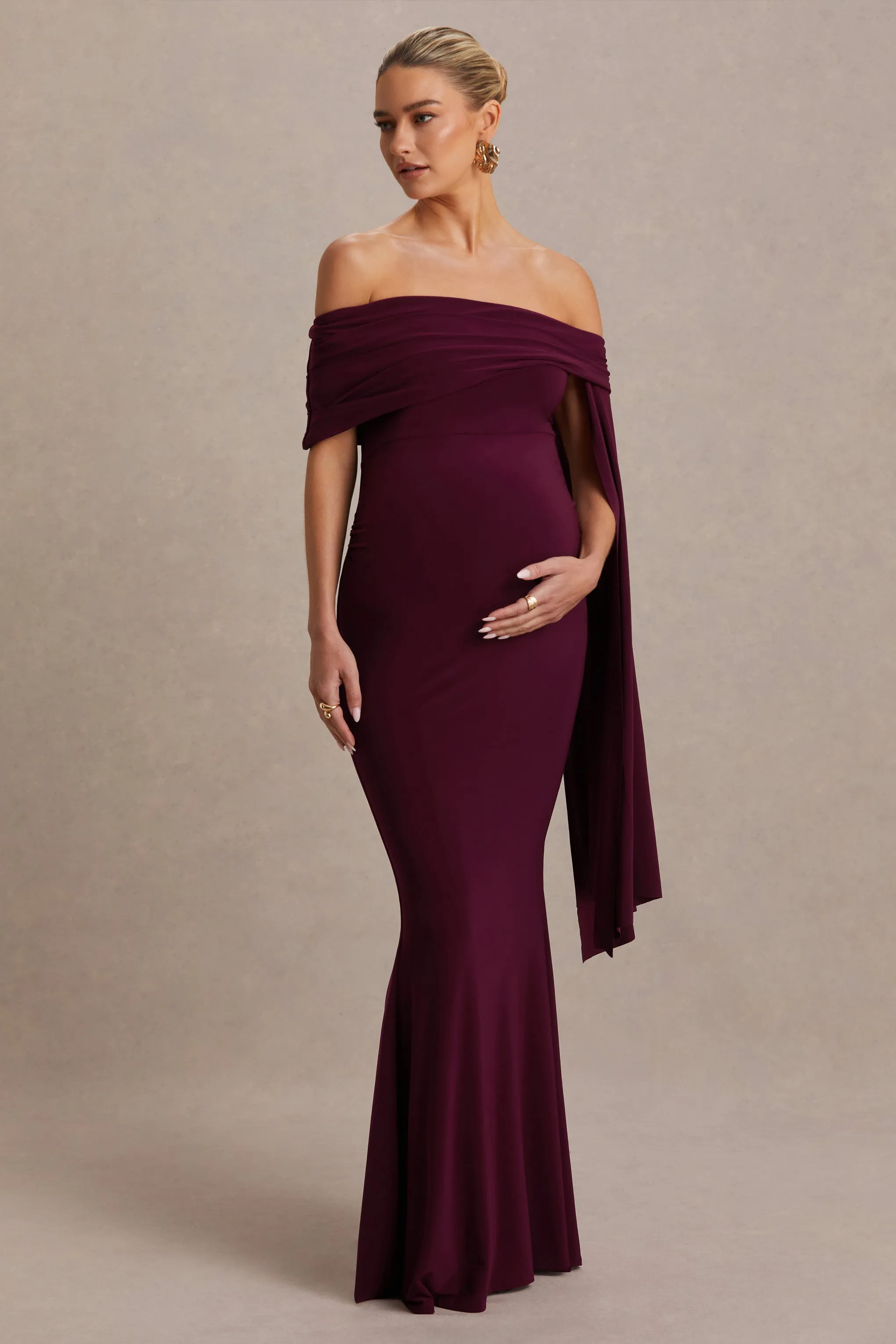 Aquila | Burgundy Bardot Maternity Maxi Dress With Draped Detail sold by Club L London product image thumbnail 4