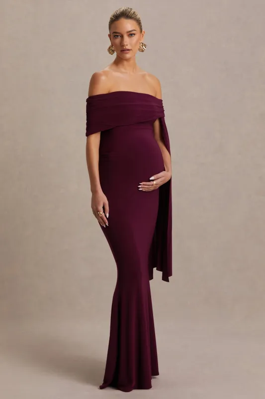 Aquila | Burgundy Bardot Maternity Maxi Dress With Draped Detail sold by Club L London