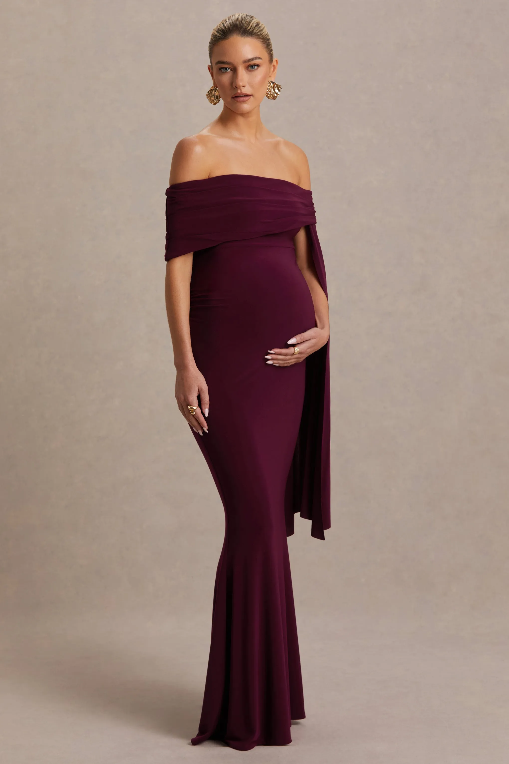 Aquila | Burgundy Bardot Maternity Maxi Dress With Draped Detail sold by Club L London