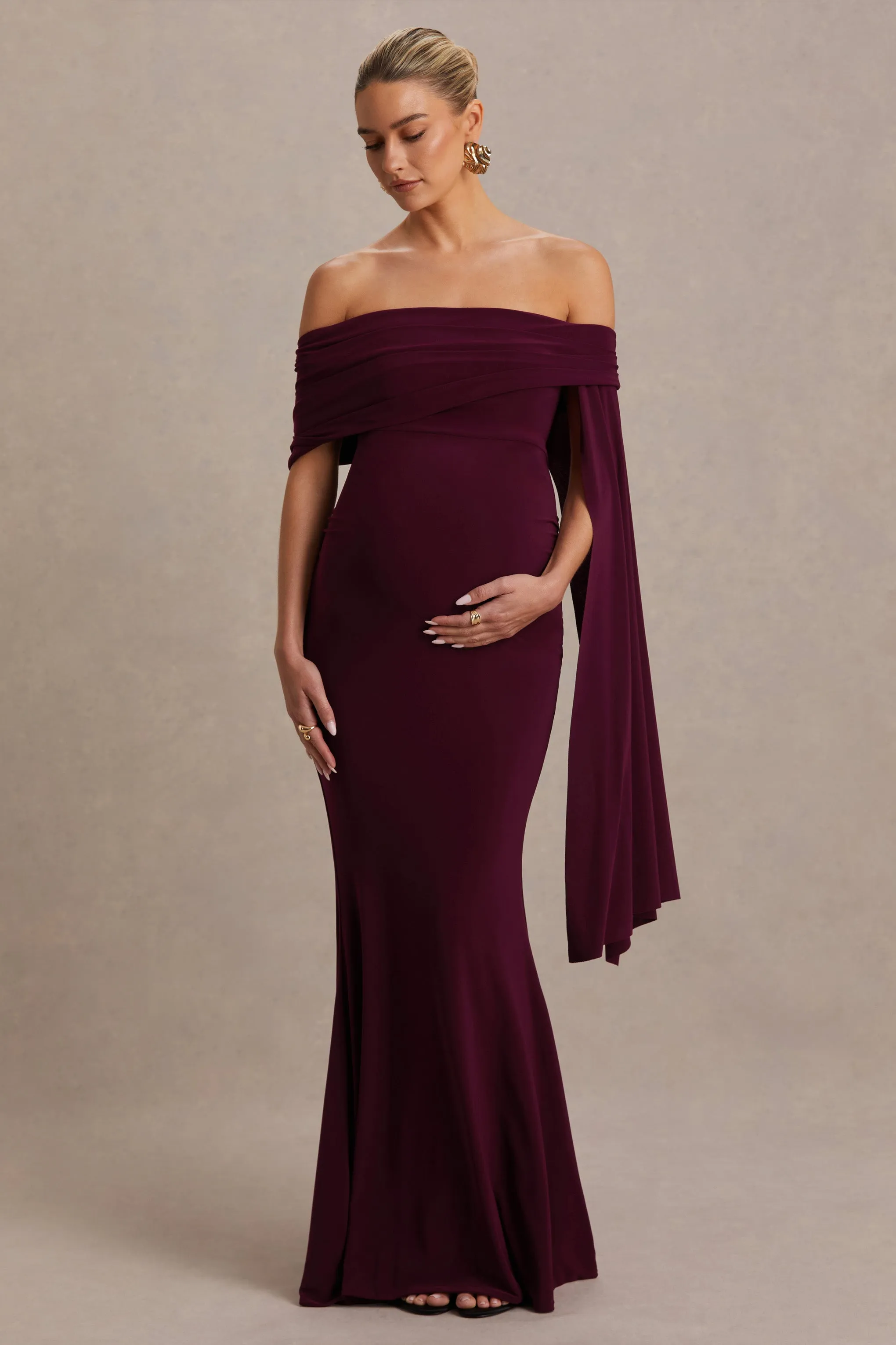 Aquila | Burgundy Bardot Maternity Maxi Dress With Draped Detail sold by Club L London product image thumbnail 5