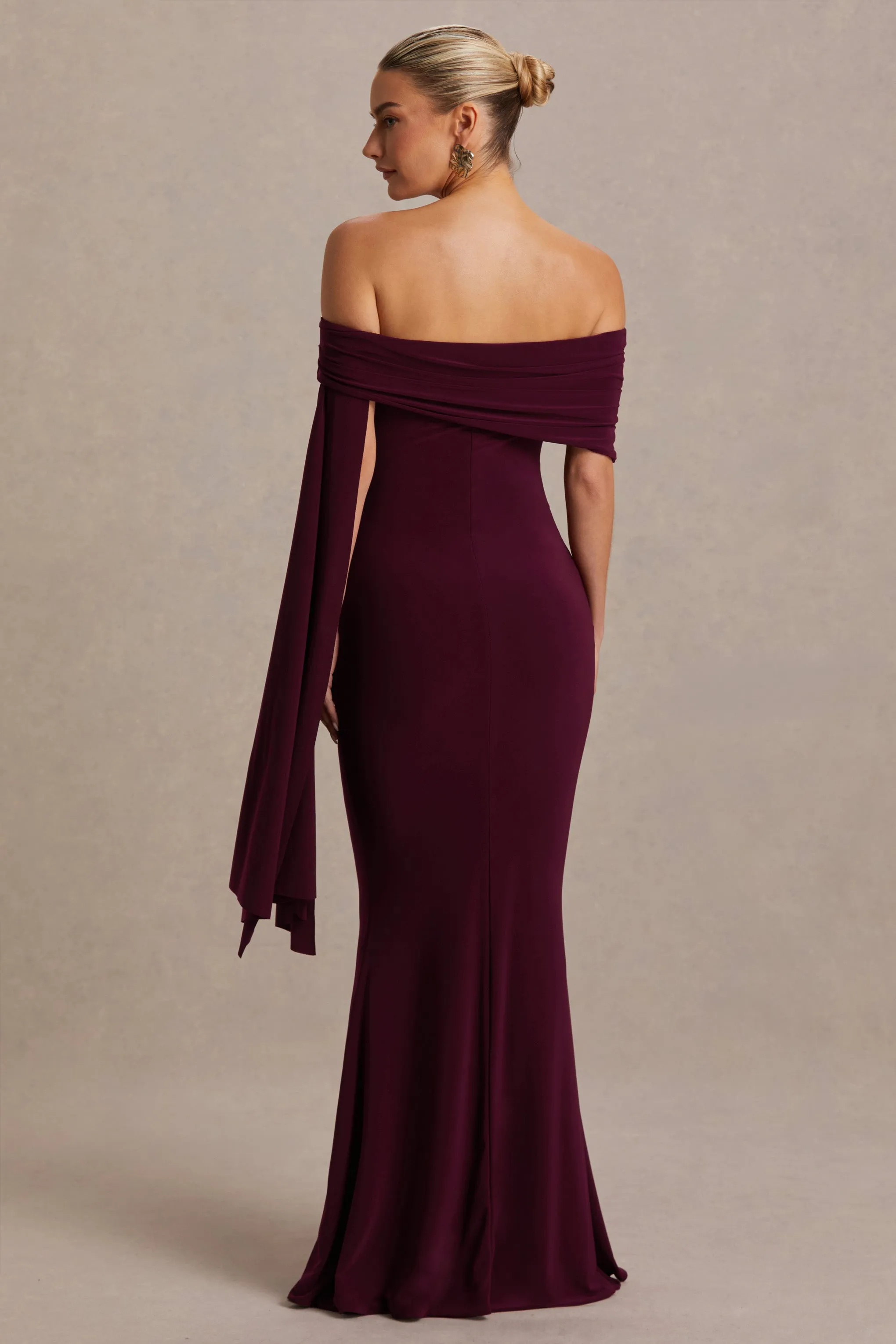 Aquila | Burgundy Bardot Maternity Maxi Dress With Draped Detail sold by Club L London product image thumbnail 2